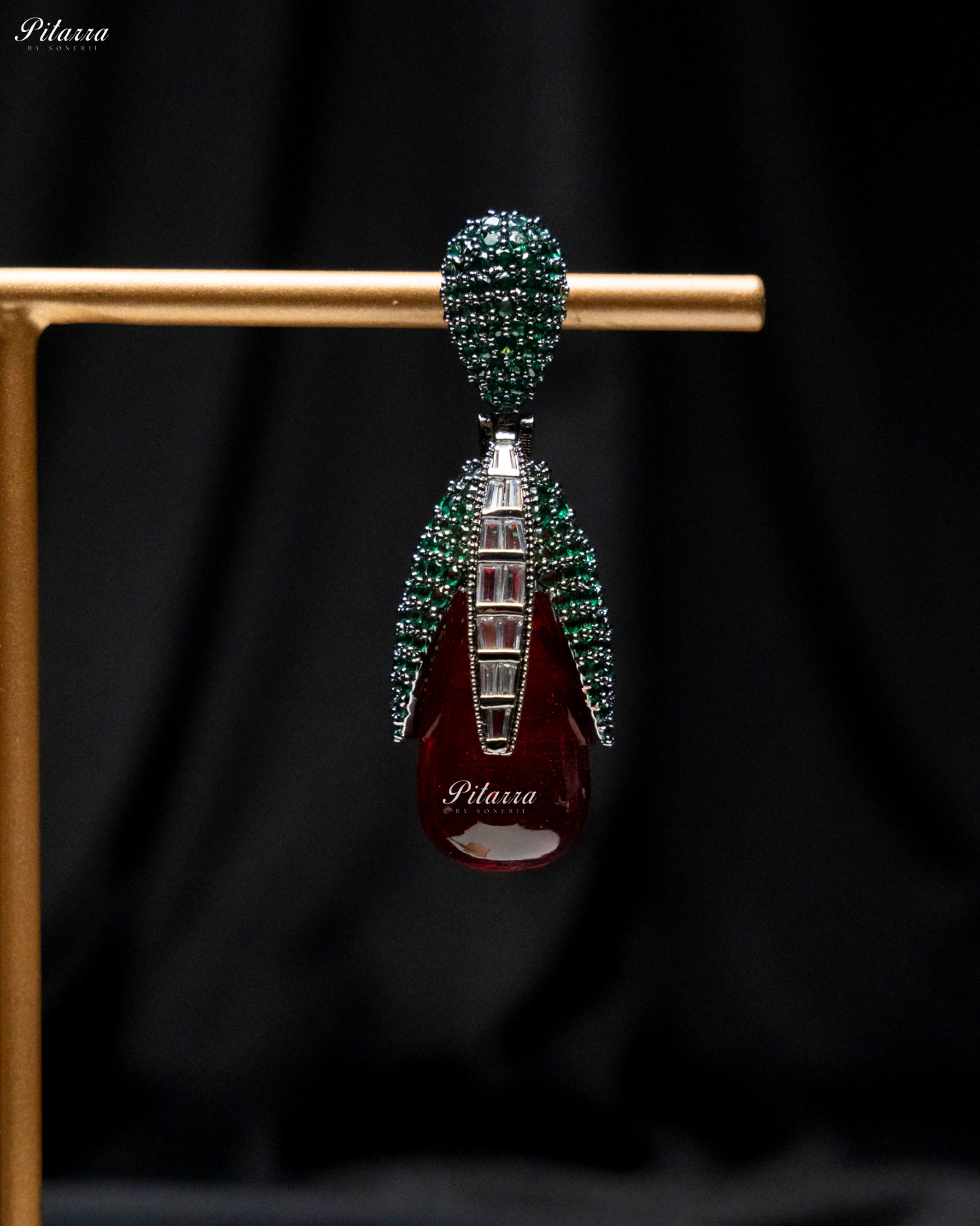 Emerald Leaf Ruby Red Teardrop CZ Crystal Earrings