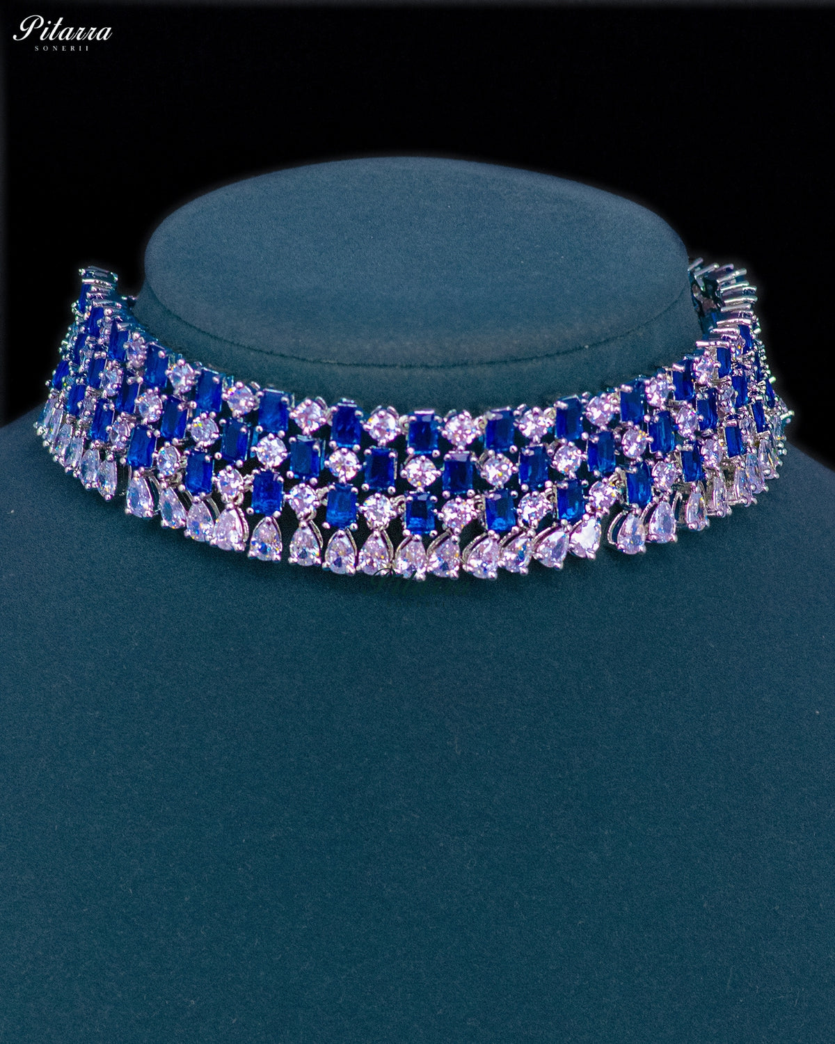 Royal Blue Emerald Cut Stone Zircon Silver Crystal Choker Necklace Set