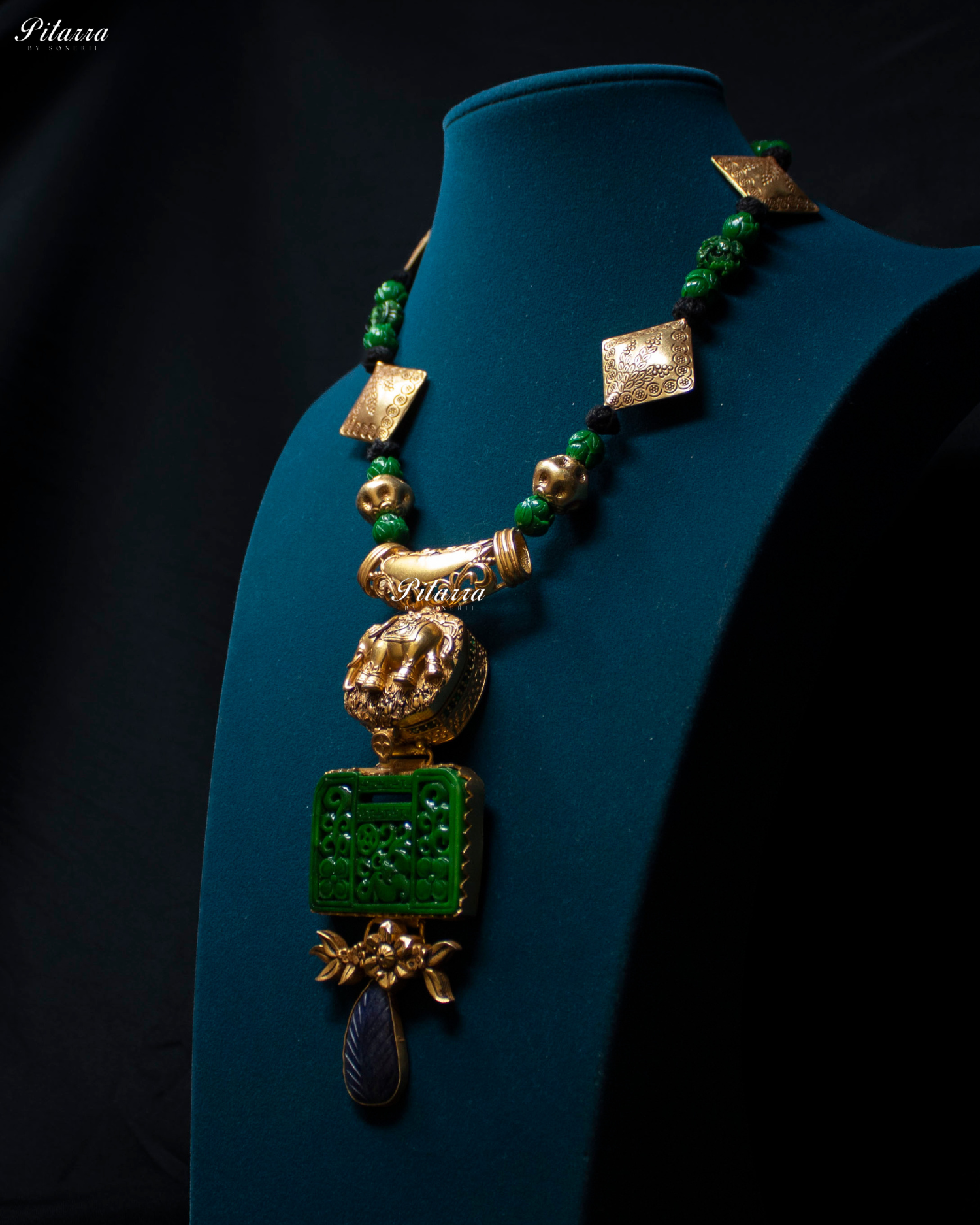 Elephant Motif Green Beads 92.5 Silver Necklace