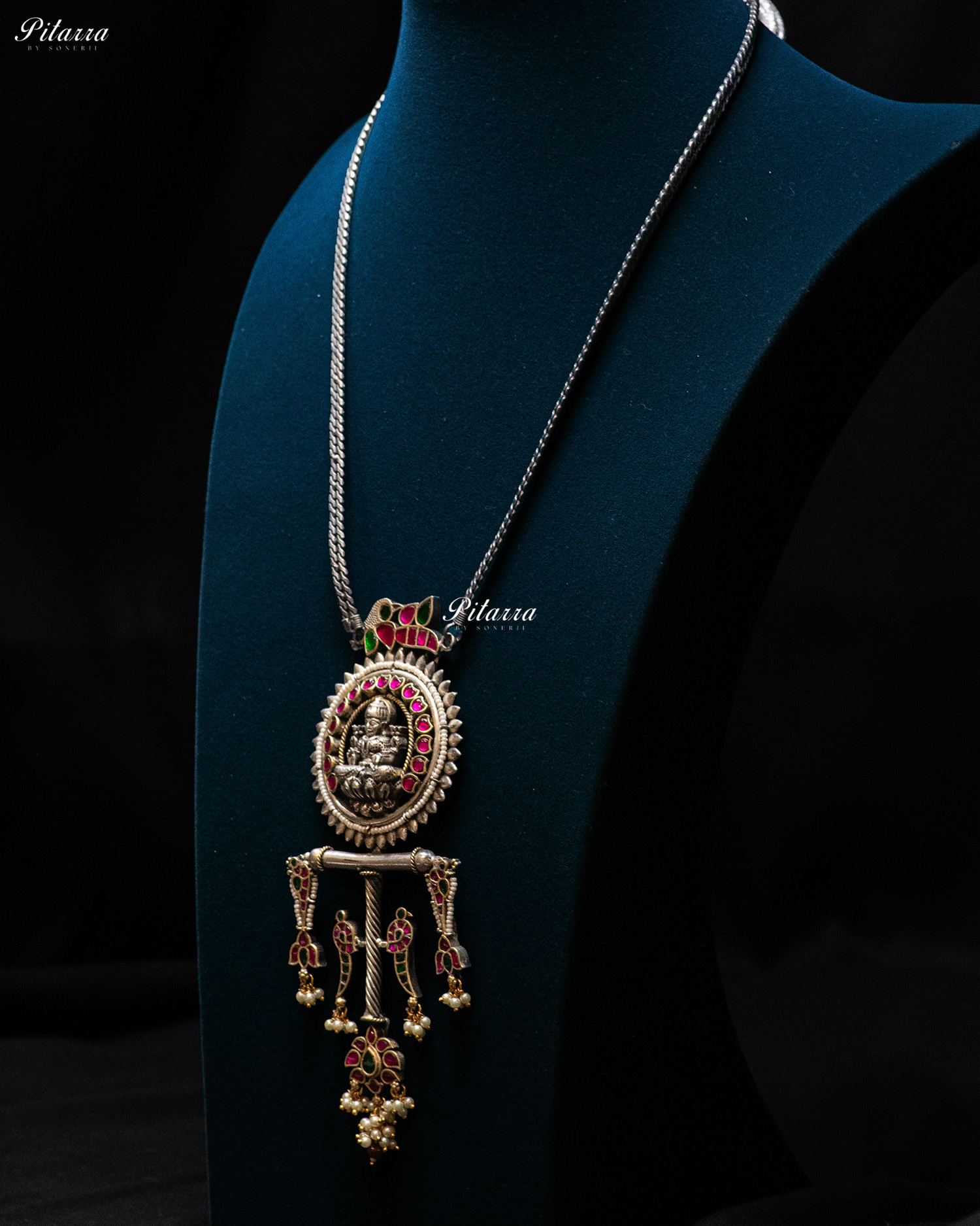 Layer Chain Green Stone Laxmi Silver Look Alike Pendant Set