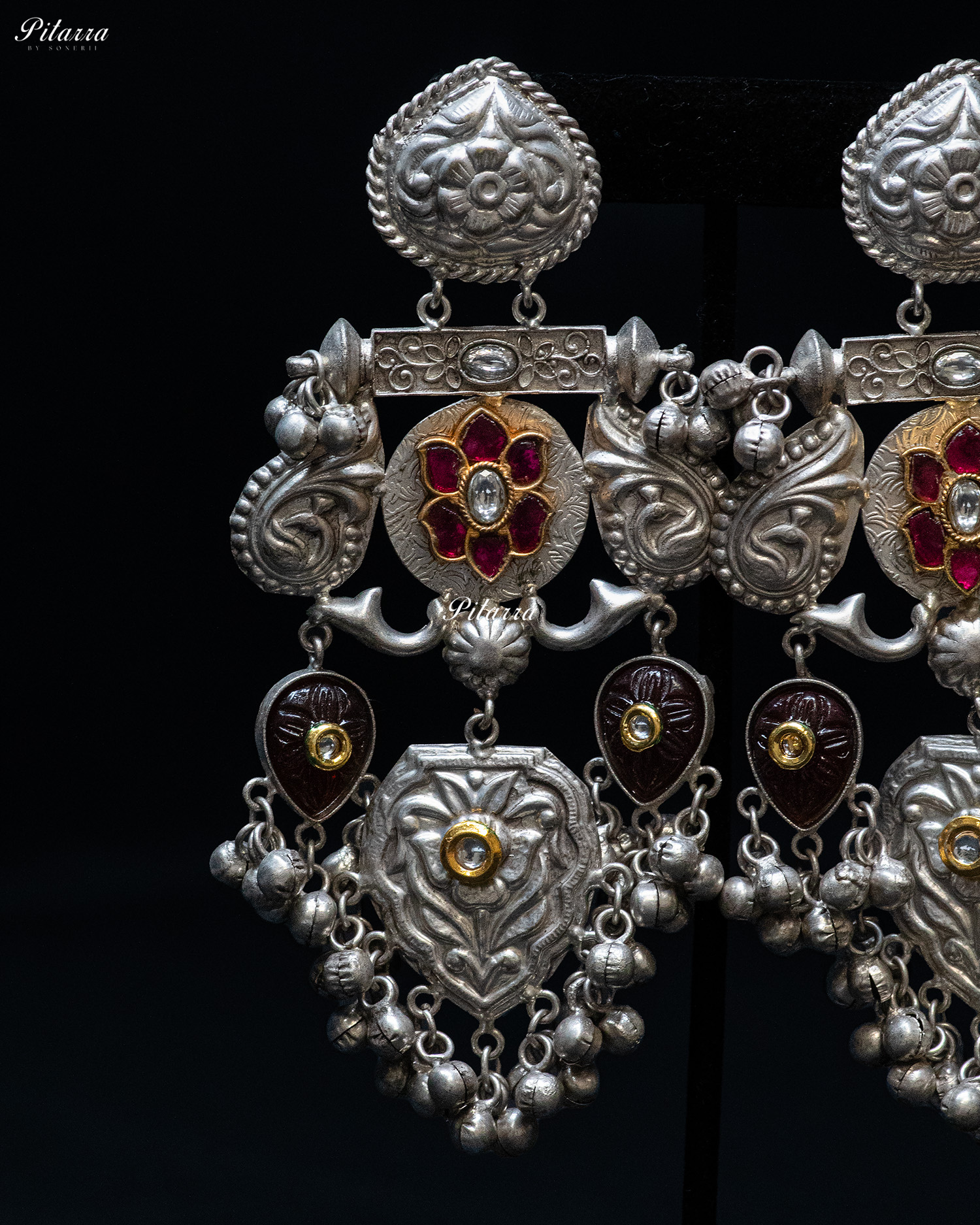 Peacock Motifs Pink Flower Silver Look Alike Dangler Earrings