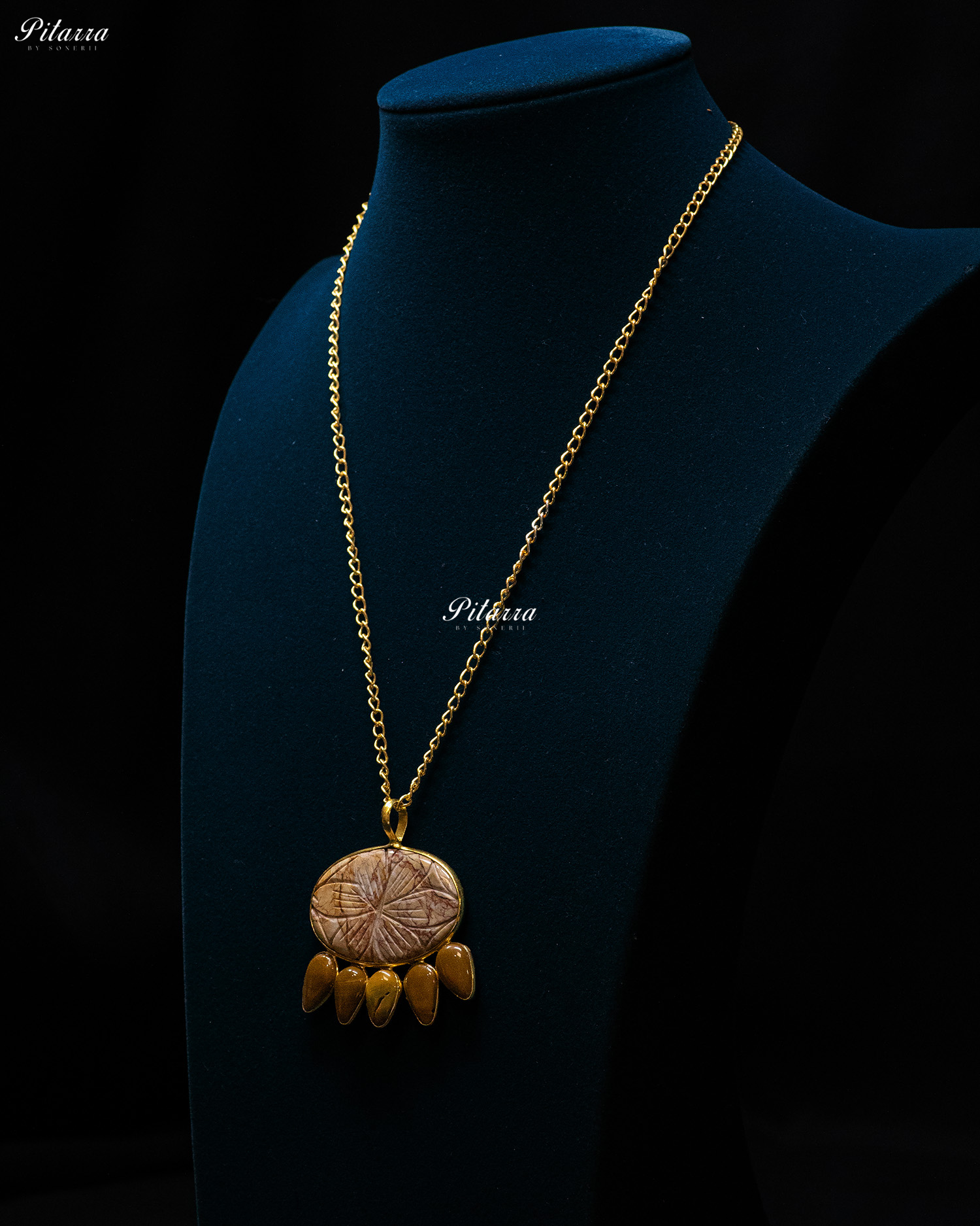 Flower Carved Brown Raw Stone Yellow Drop Pendant