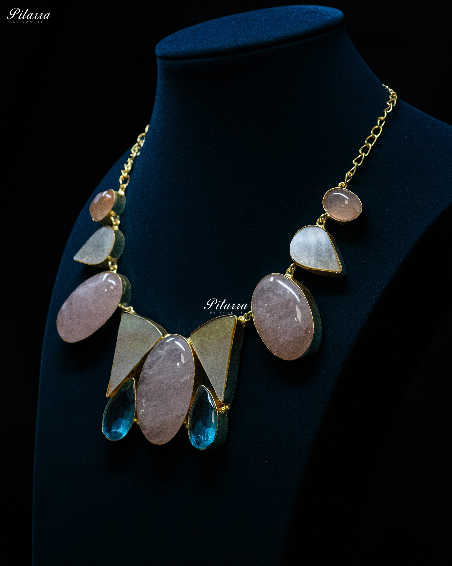 Peach and Blue Drop Sculptural Stone Statement Necklace Set