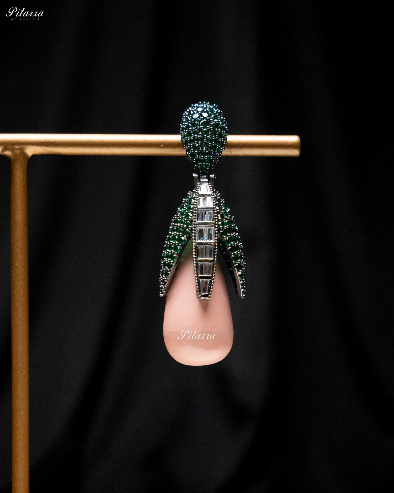 Emerald Leaf Peach Teardrop CZ Crystal Earrings