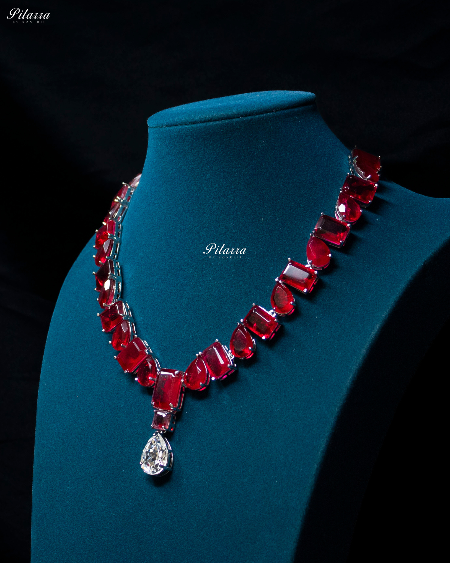 Red Square and Drop Crystal Necklace Set