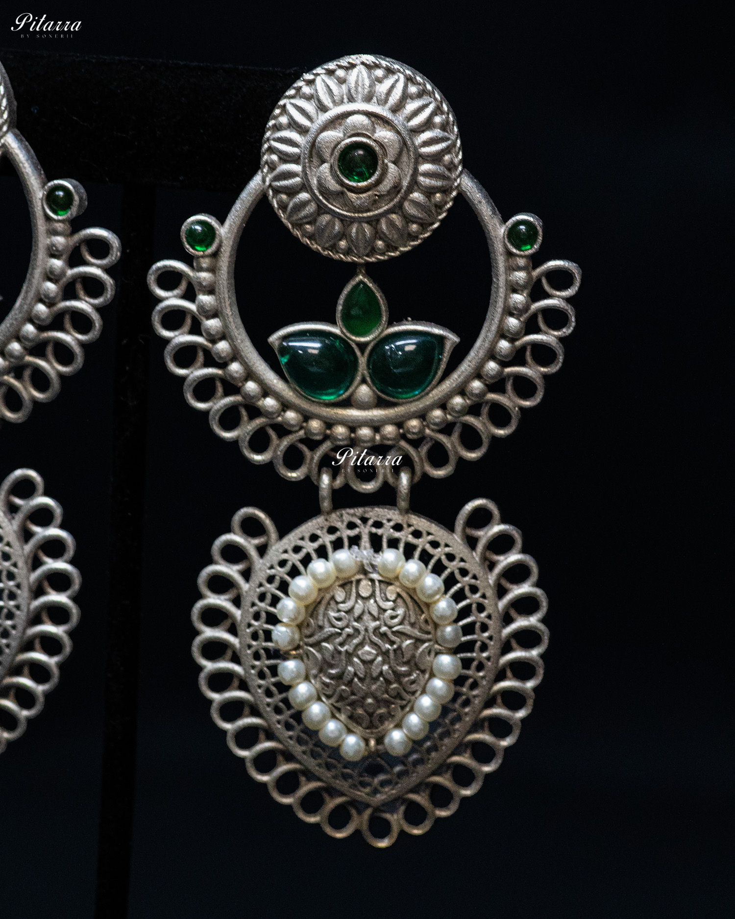 Dark Green Stone White Pearl Silver Look Alike Dangler Earrings