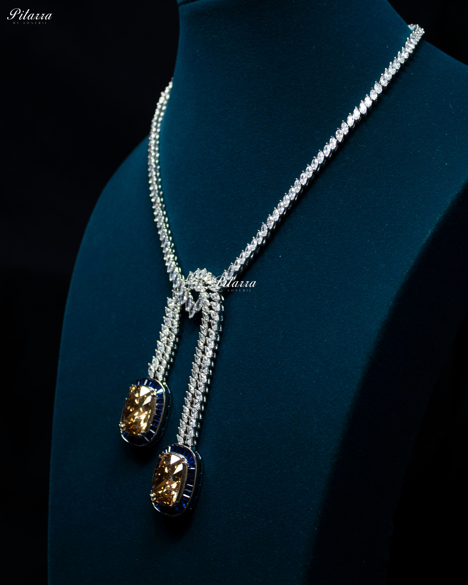Blue Two Square Silver Line Crystal Necklace Set