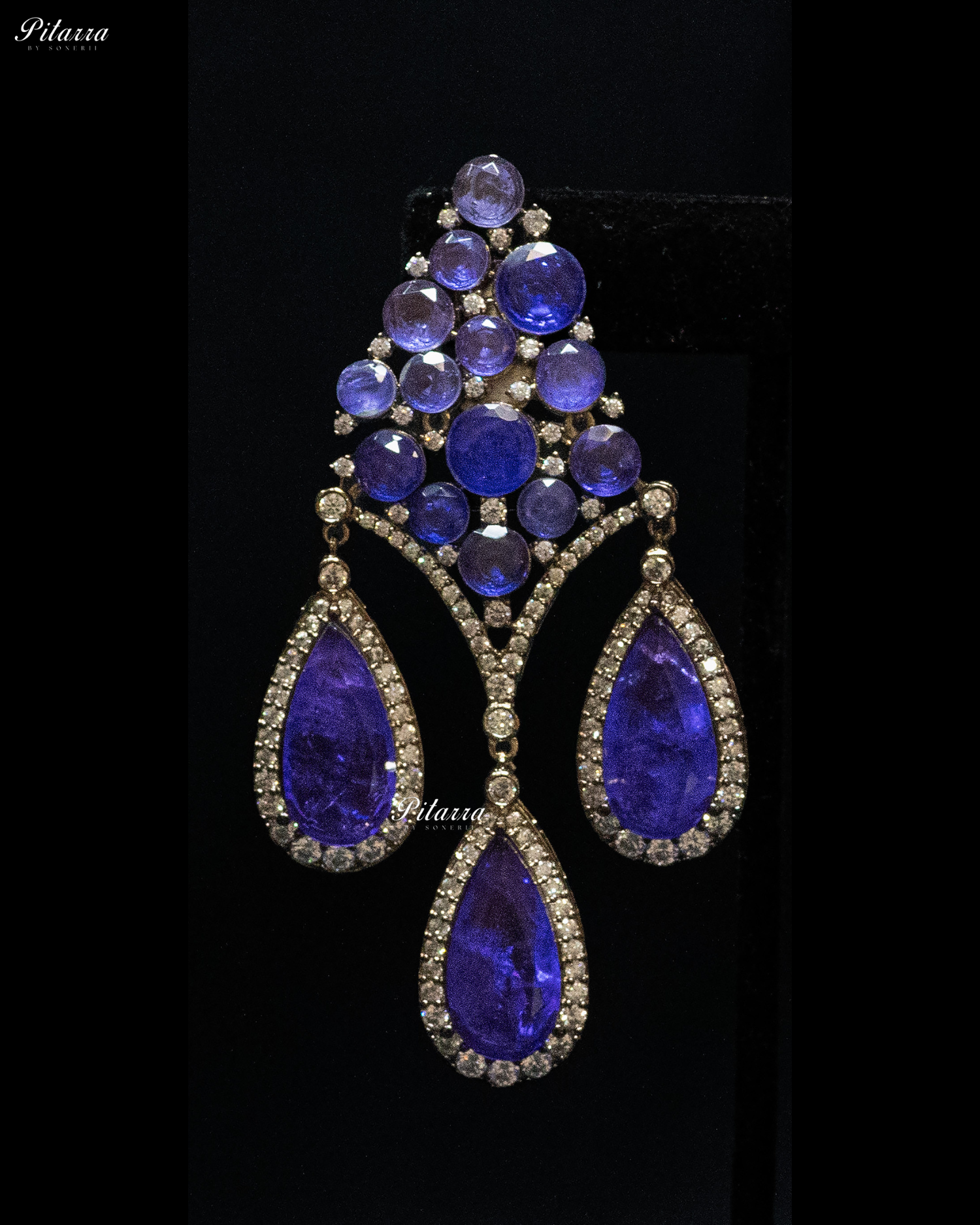 Blue Stone Three Teardrop Golden Finish CZ Crystal Dangler Earrings
