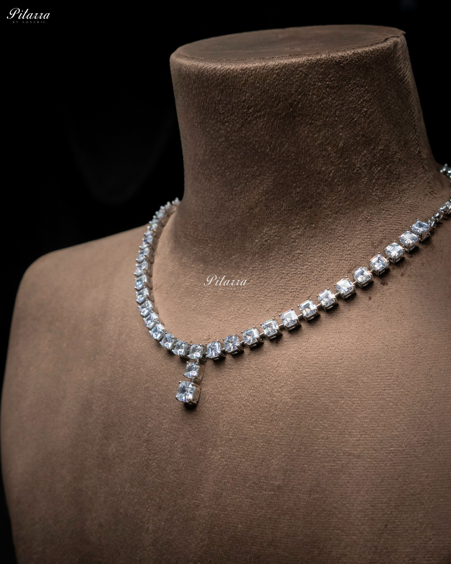 White Tone One Layer Square Drop Statement Necklace Set