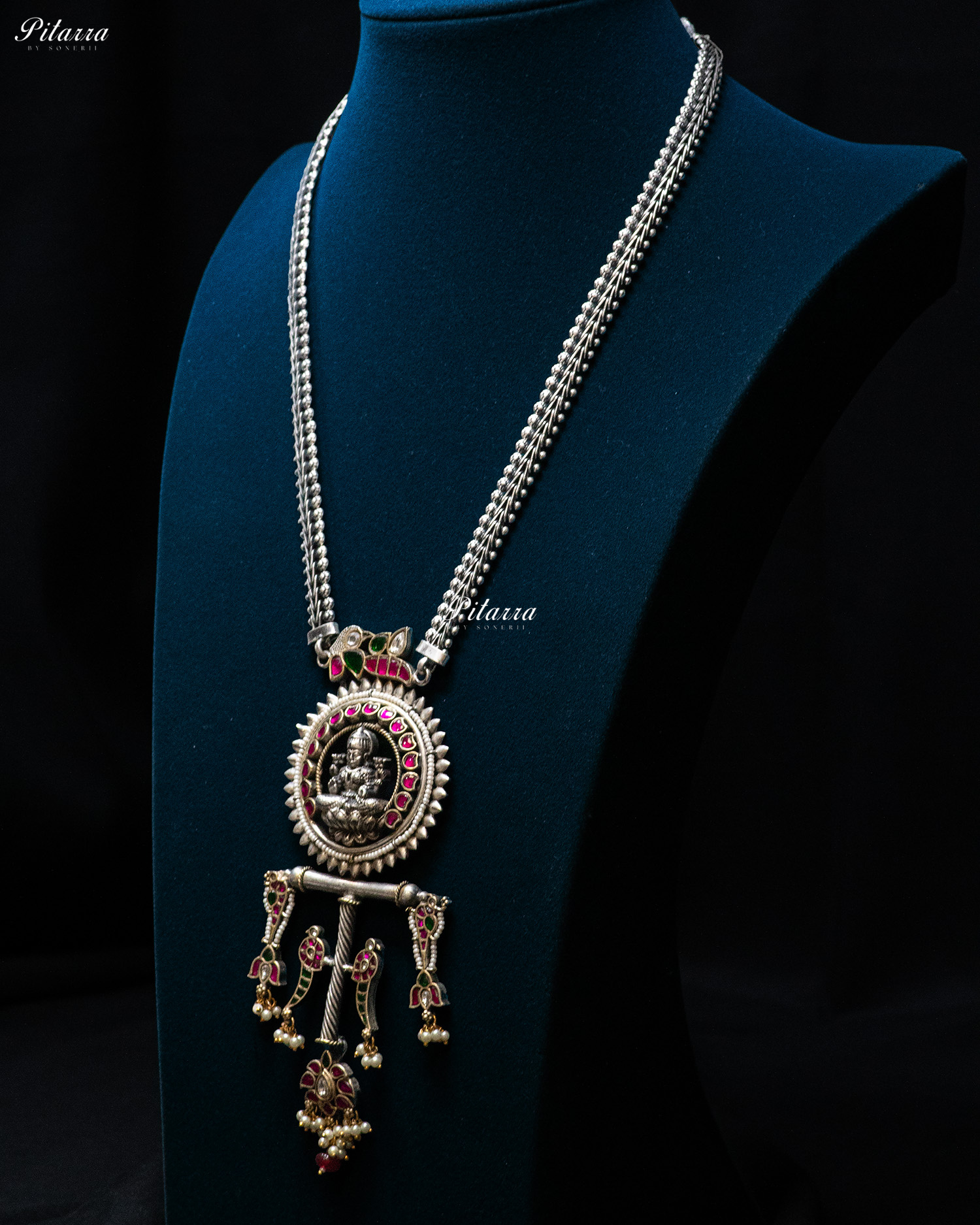 Beads Chain White Stone Laxmi Silver Look Alike Pendant Set
