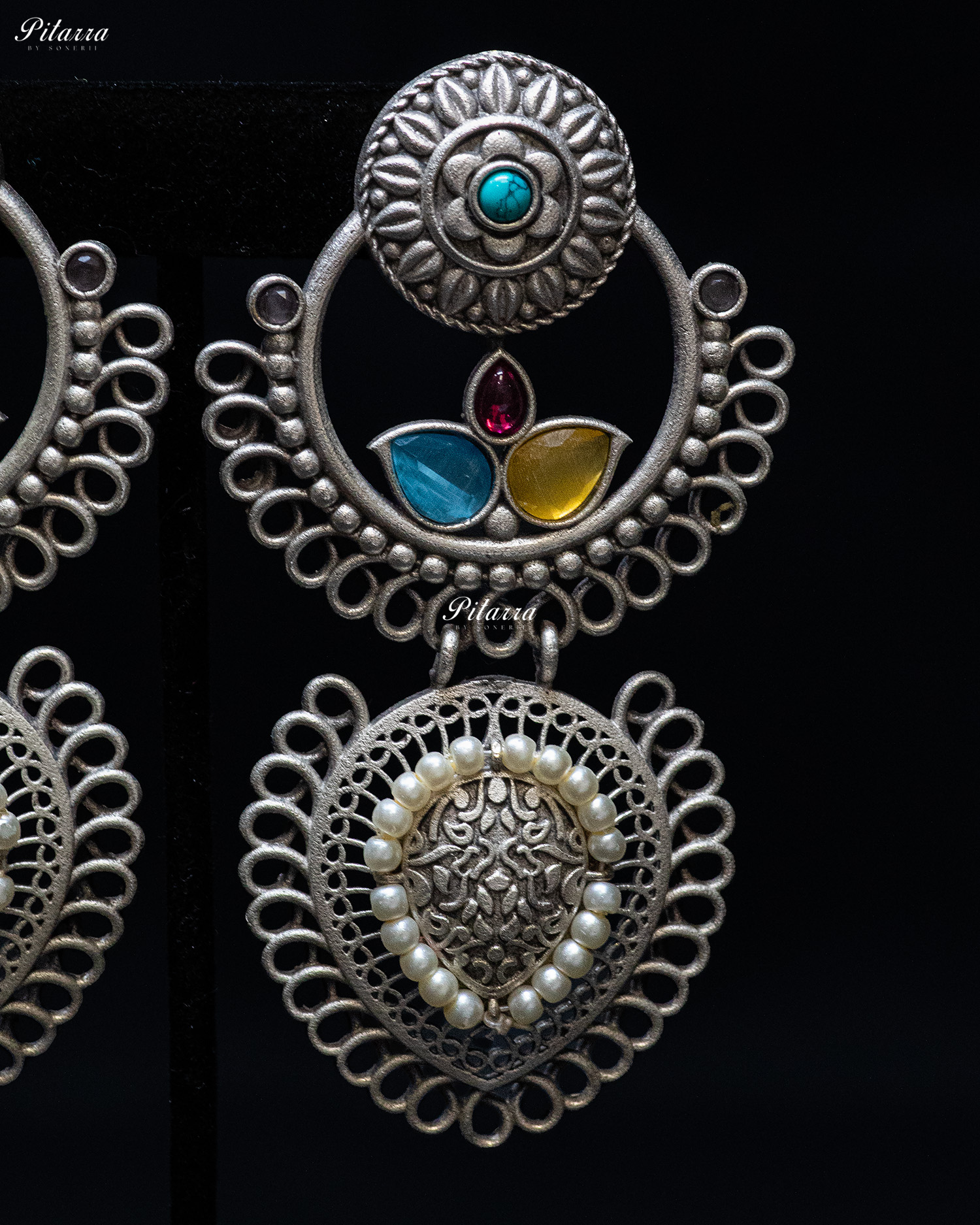 Multicolor Stone White Pearl Silver Look Alike Dangler Earrings