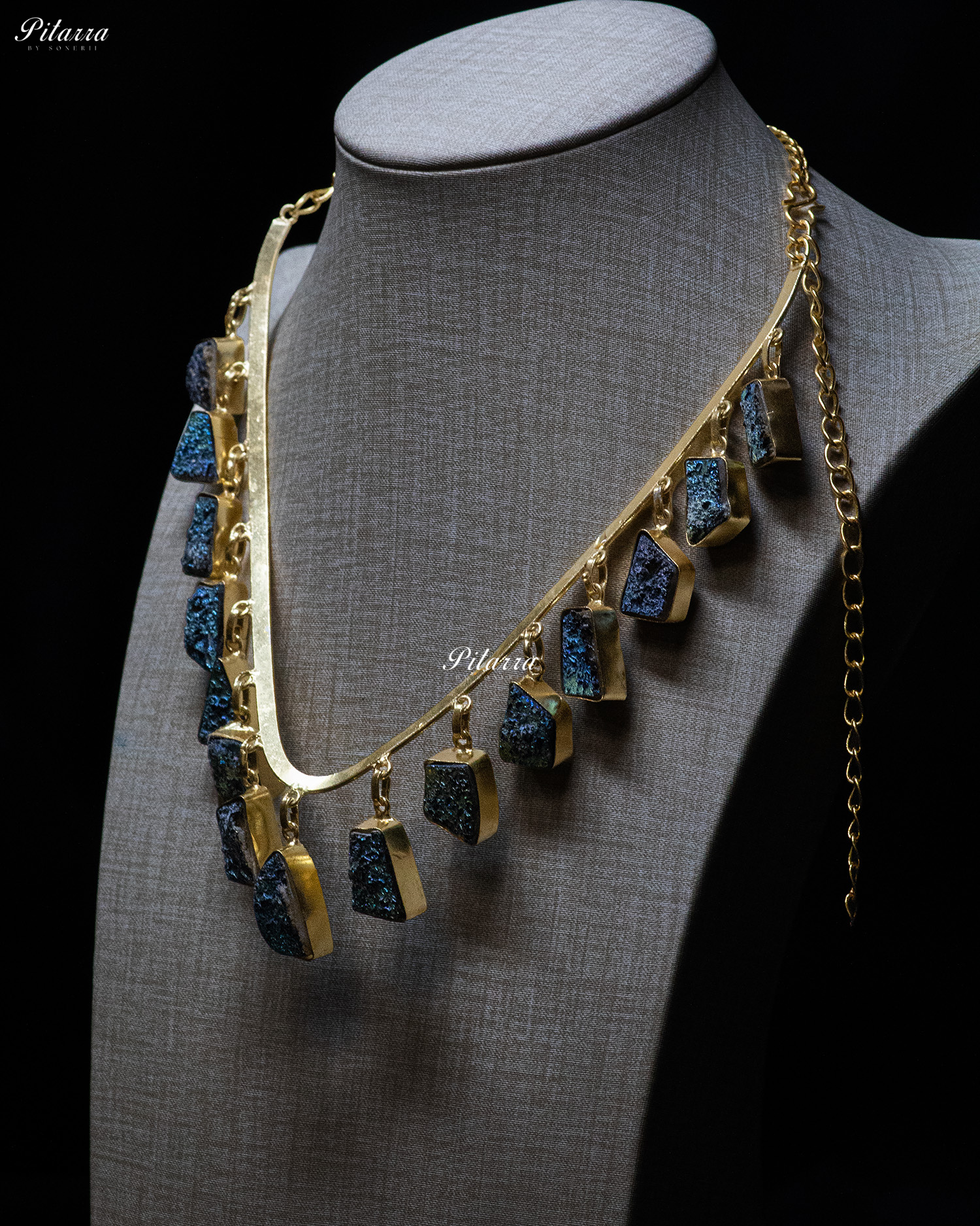 Gold Finish Navy Blue Raw Stone Statement Necklace