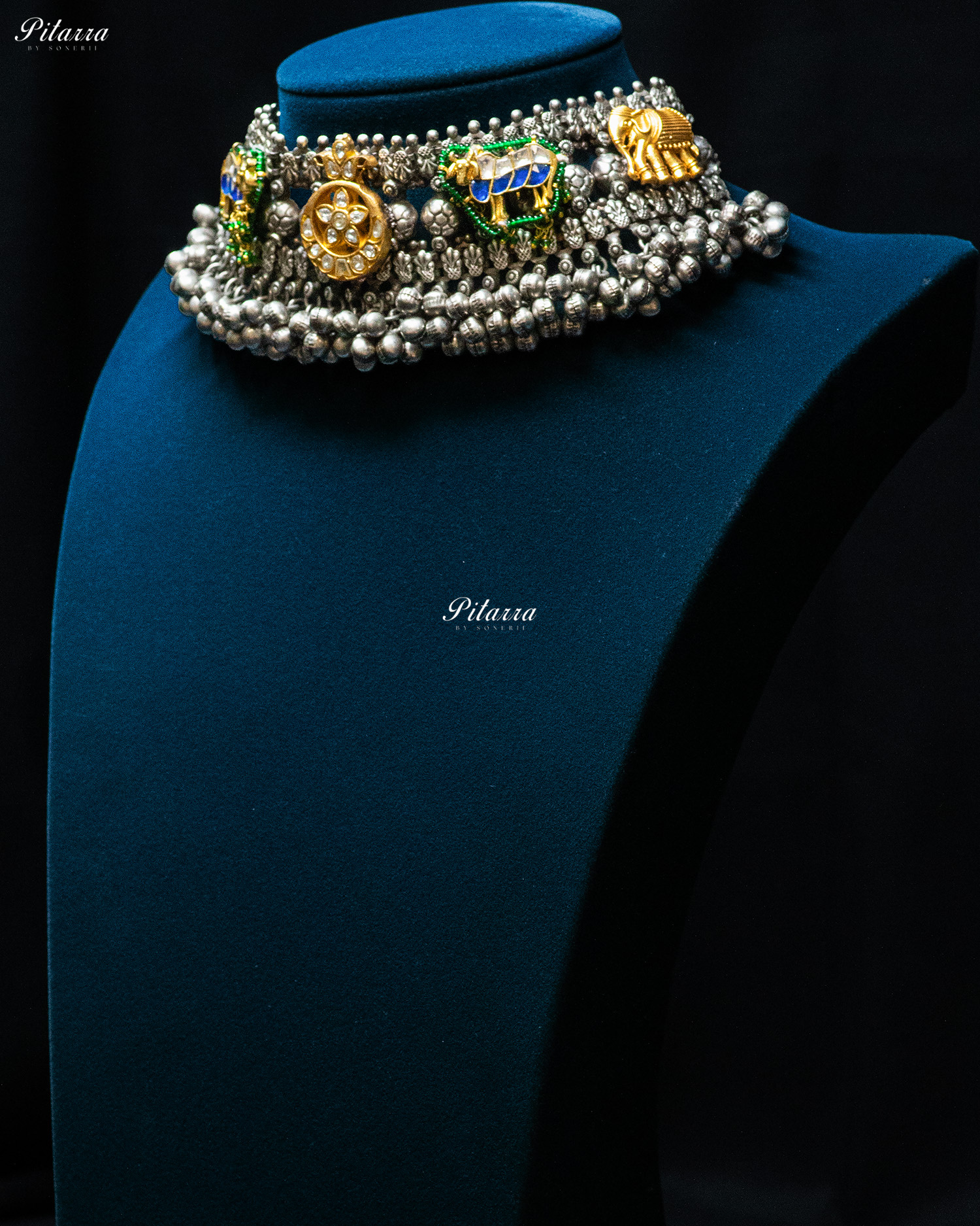 White Flora Green Elephant Ghunghroo Silver Look Alike Choker Set
