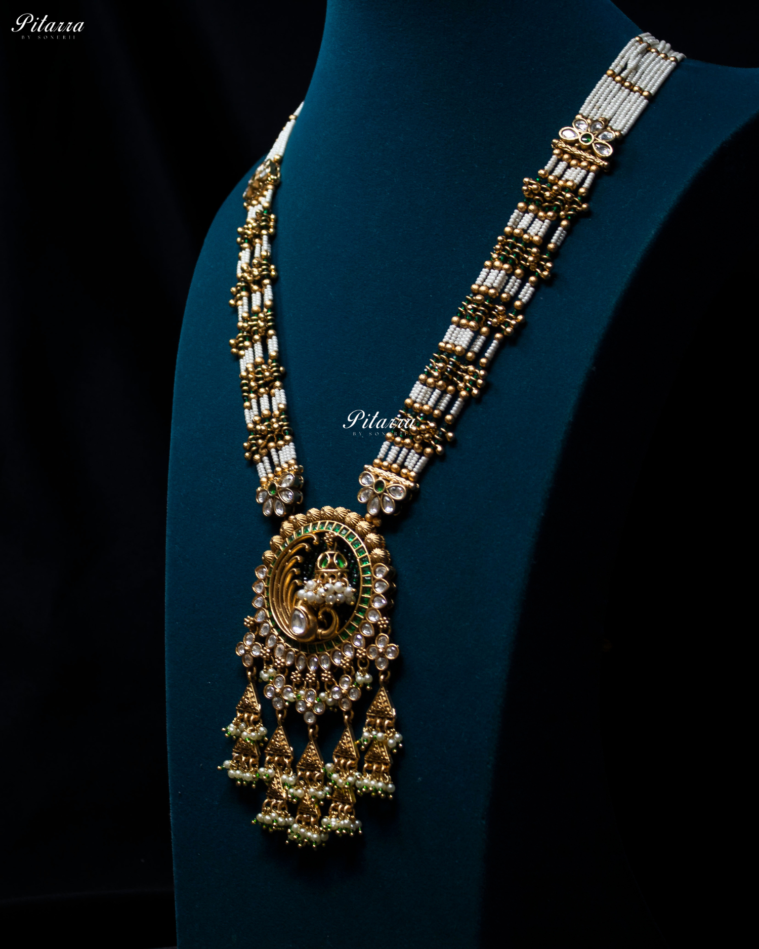 Emerald Tone Green Detailing Golden Peacock Kundan Necklace Set