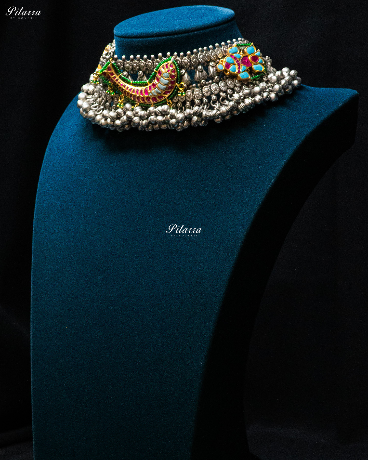 Turquoise Pink Fish Ghunghroo Silver Look Alike Choker Set