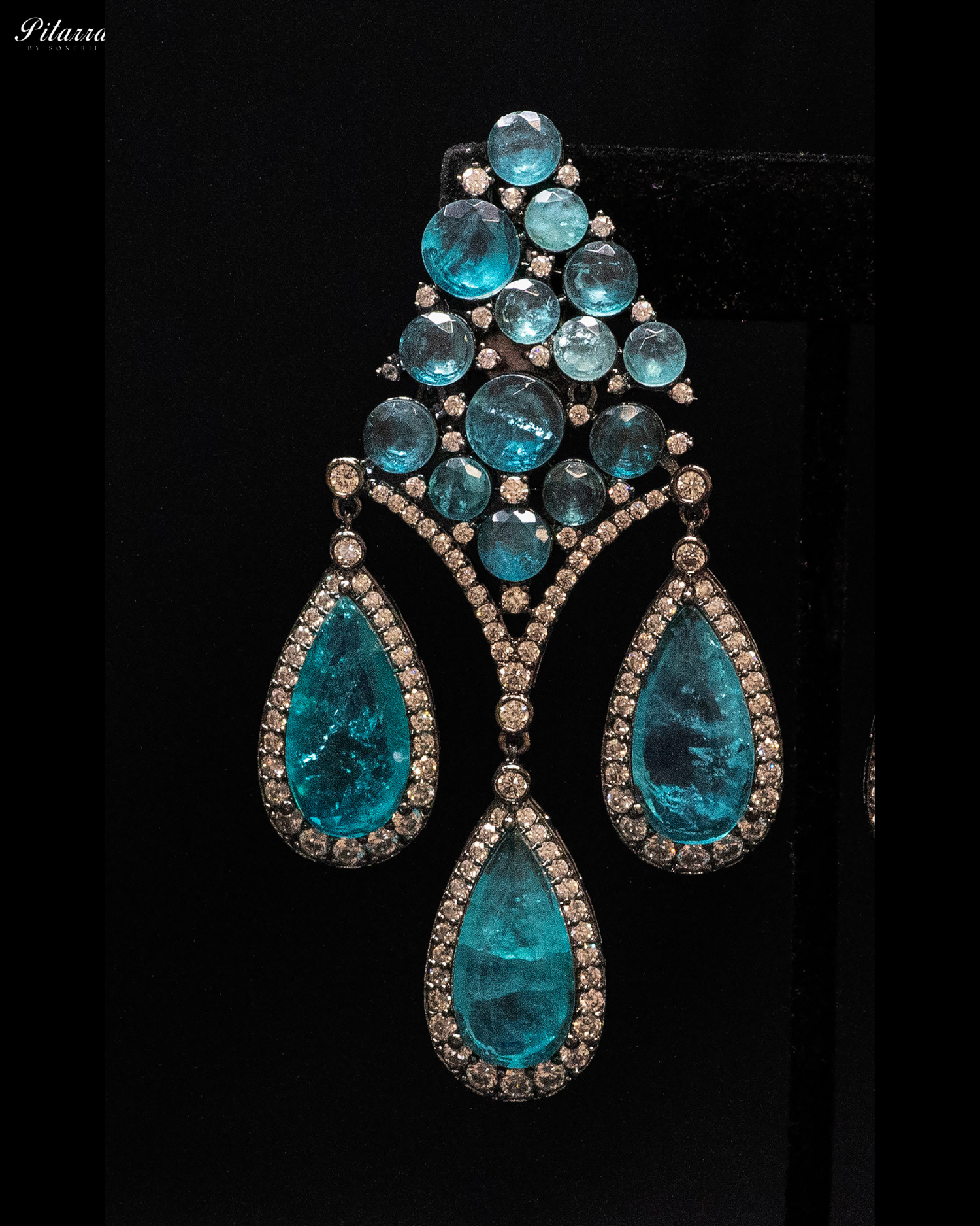 Turquoise Stone Three Teardrop Golden Finish CZ Crystal Dangler Earrings
