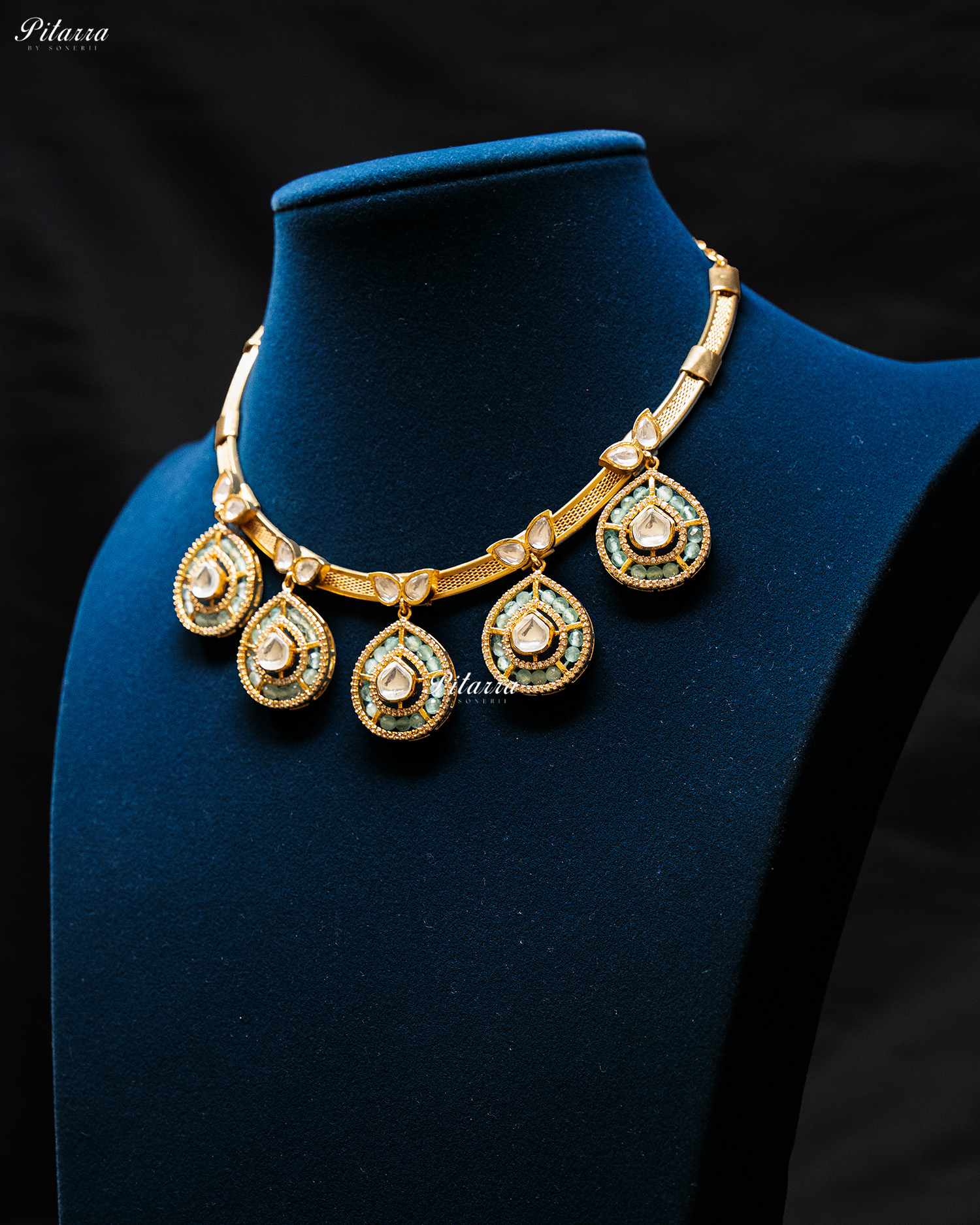 Sky Blue Crystals Teardrop Gold Plated Kundan Necklace Set