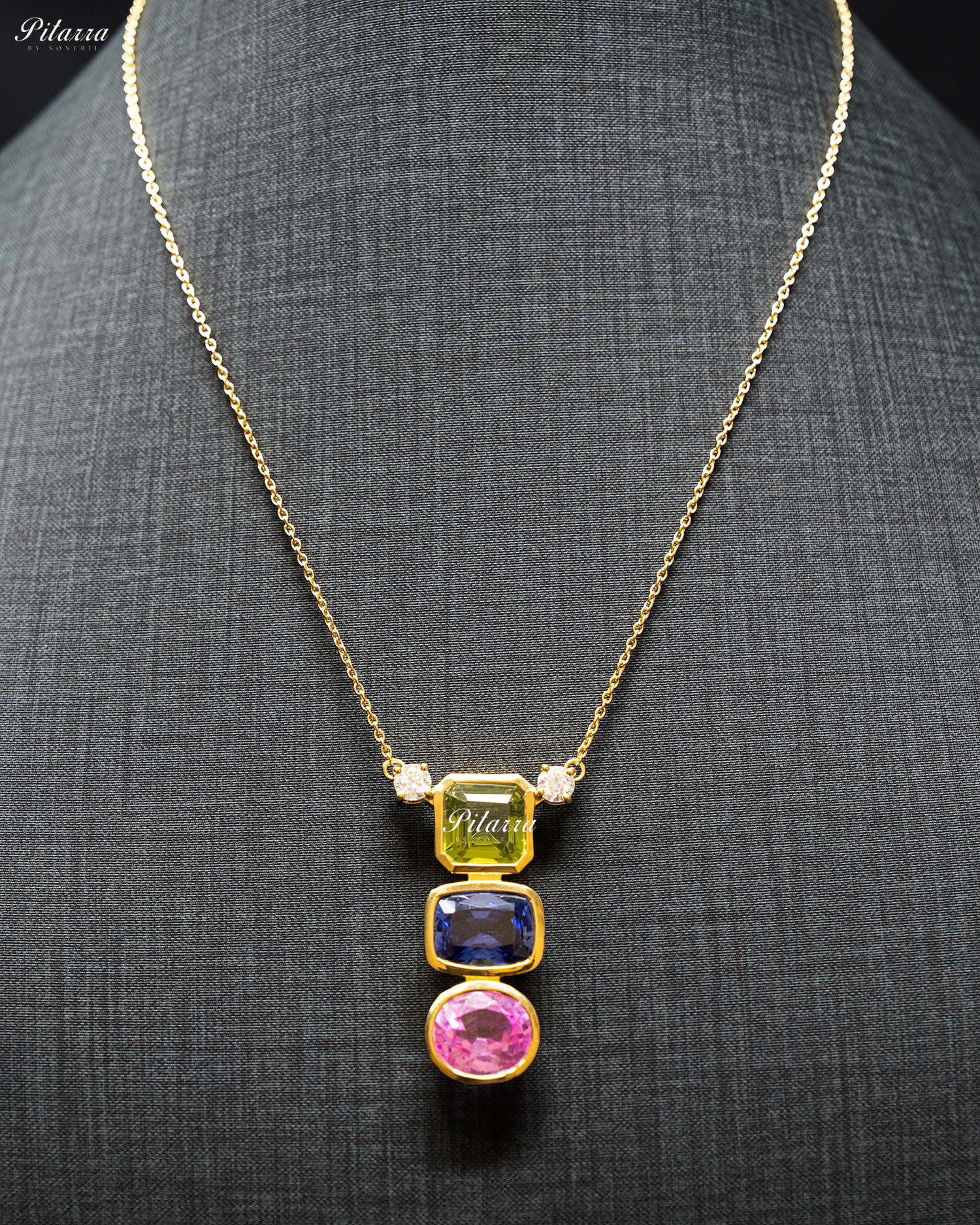 Gold Chain Square Green Top Stone Round Pink Pendent Set