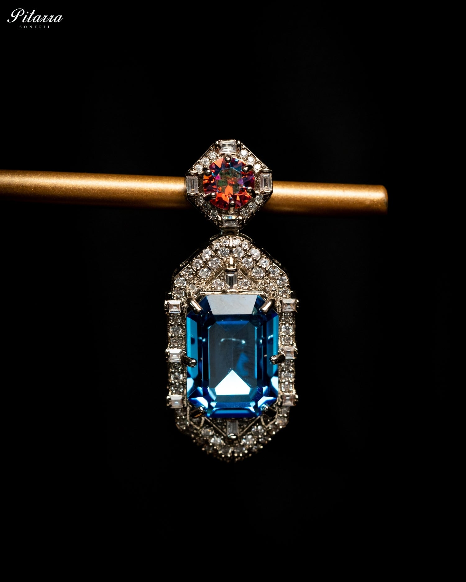 Blue Emerald Cut Diamond Halo Statement Drop Earrings