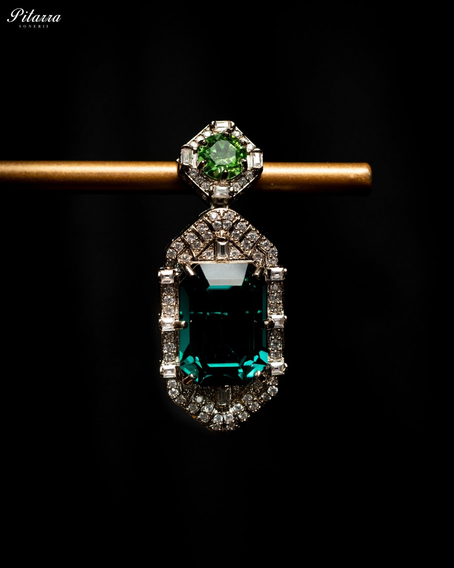 Teal Green Emerald Cut Diamond Halo Statement Drop Earrings