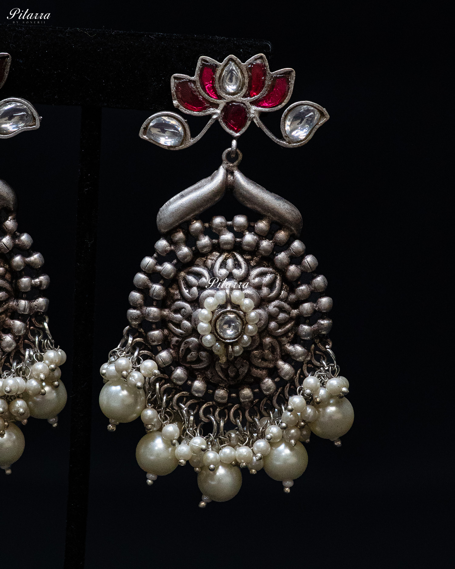 Pink Lotus White Beads Silver Look Alike Dangle Earrings