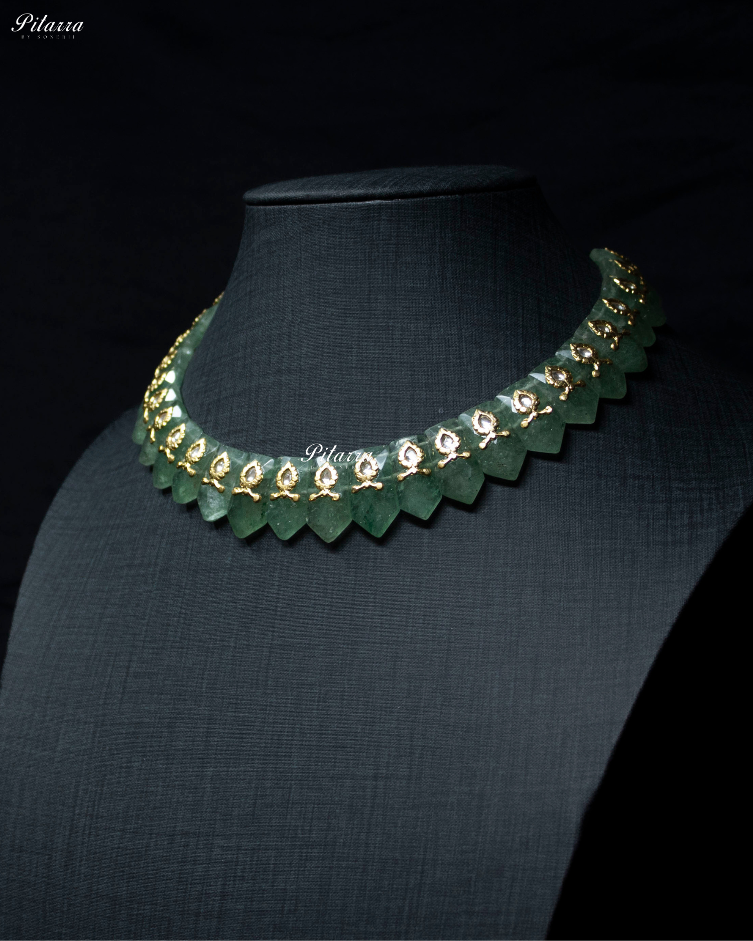 Green Stone Golden Work 92.5 Silver Necklace