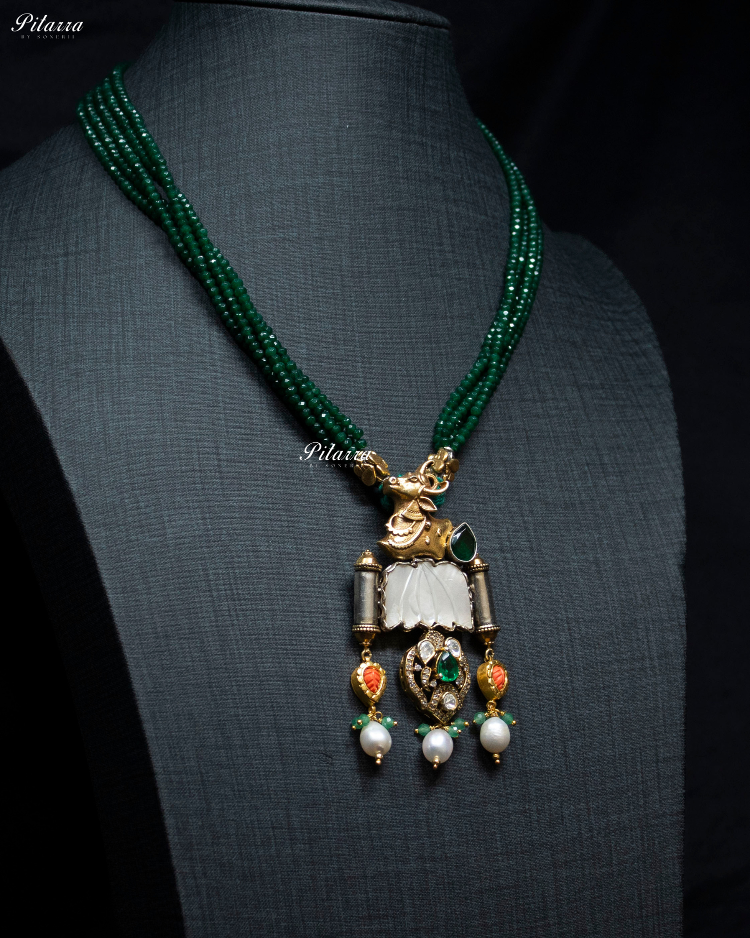 Cow Motifs Emerald Beads 92.5 Silver Necklace