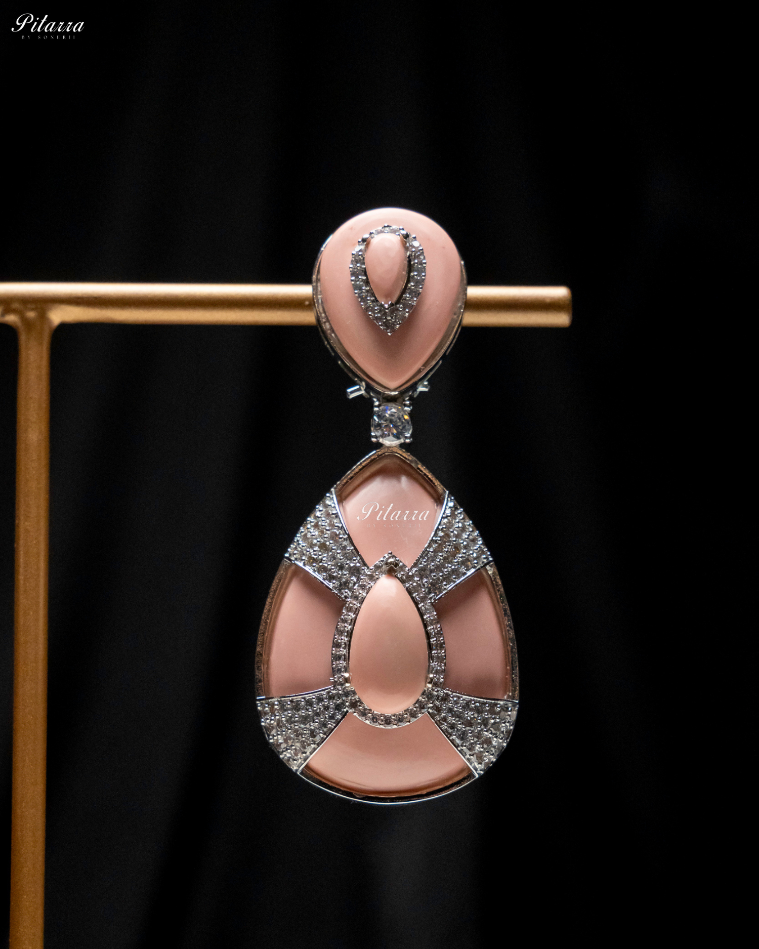 Peach Stone Peach Drop Silver Line Crystal Dangler Earrings