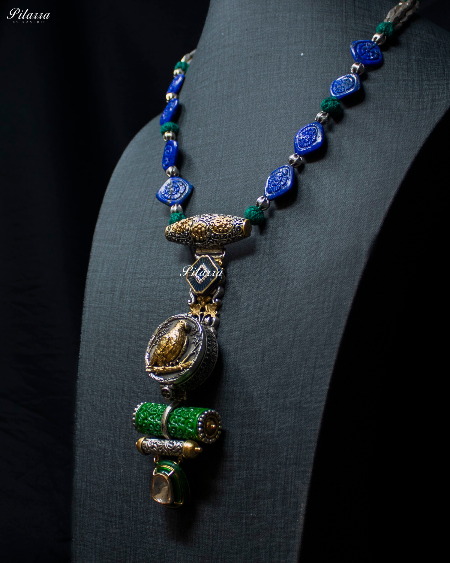 Bird Motif Blue Beaded 92.5 Silver Necklace