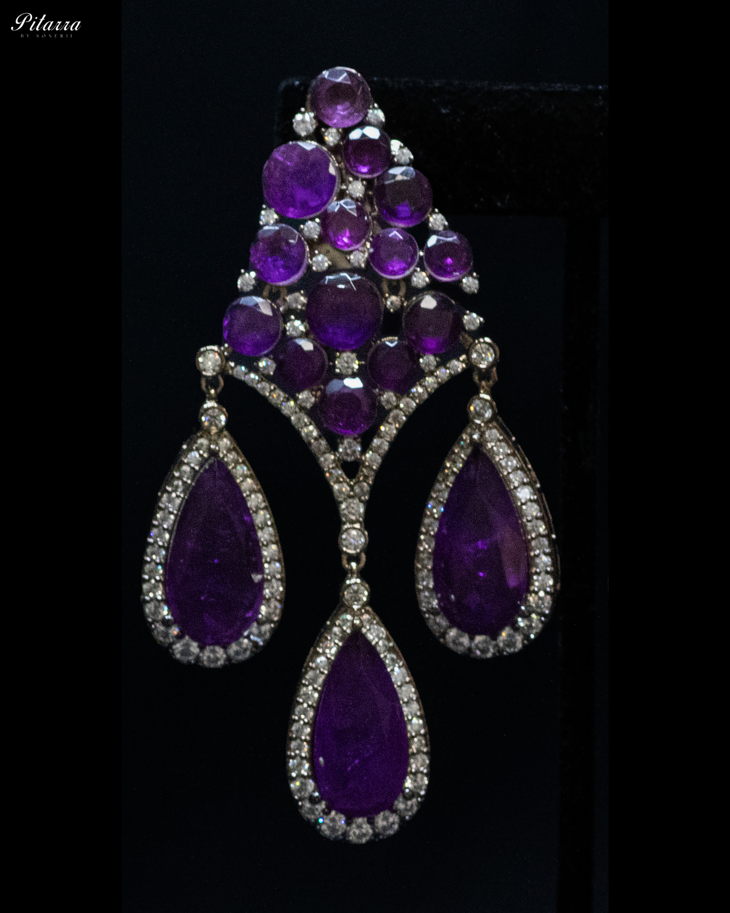 Purple Stone Three Teardrop Golden Finish CZ Crystal Dangler Earrings