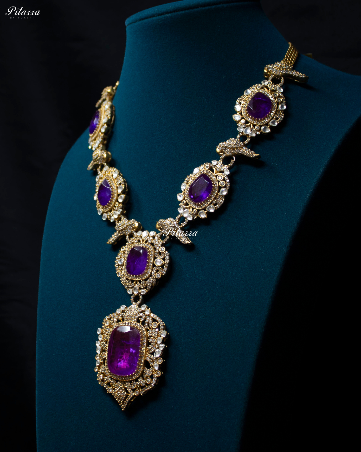 Purple Stone Bird Victorian Polki Necklace Set