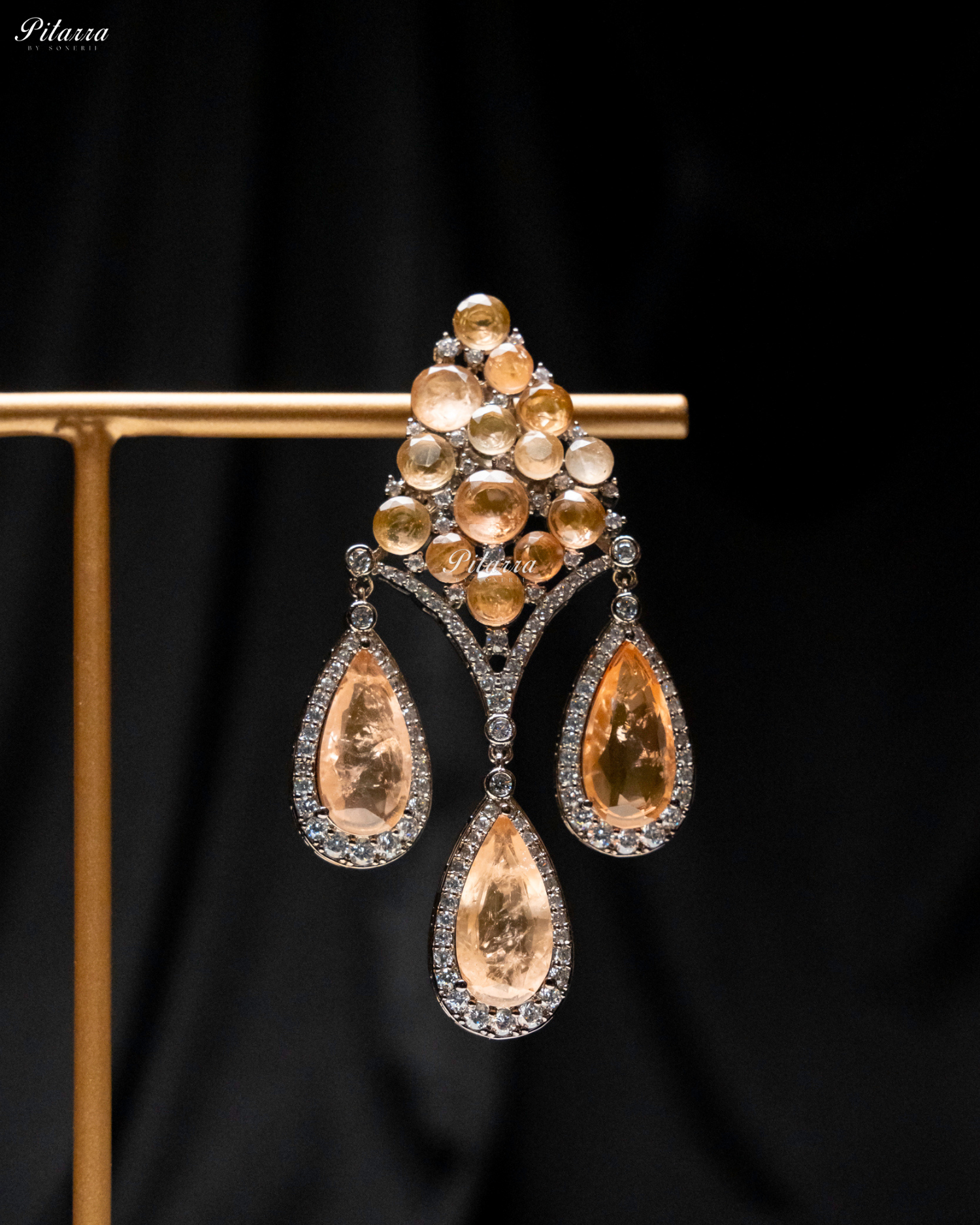 Peach Stone Three Teardrop CZ Doublet Dangler Earrings