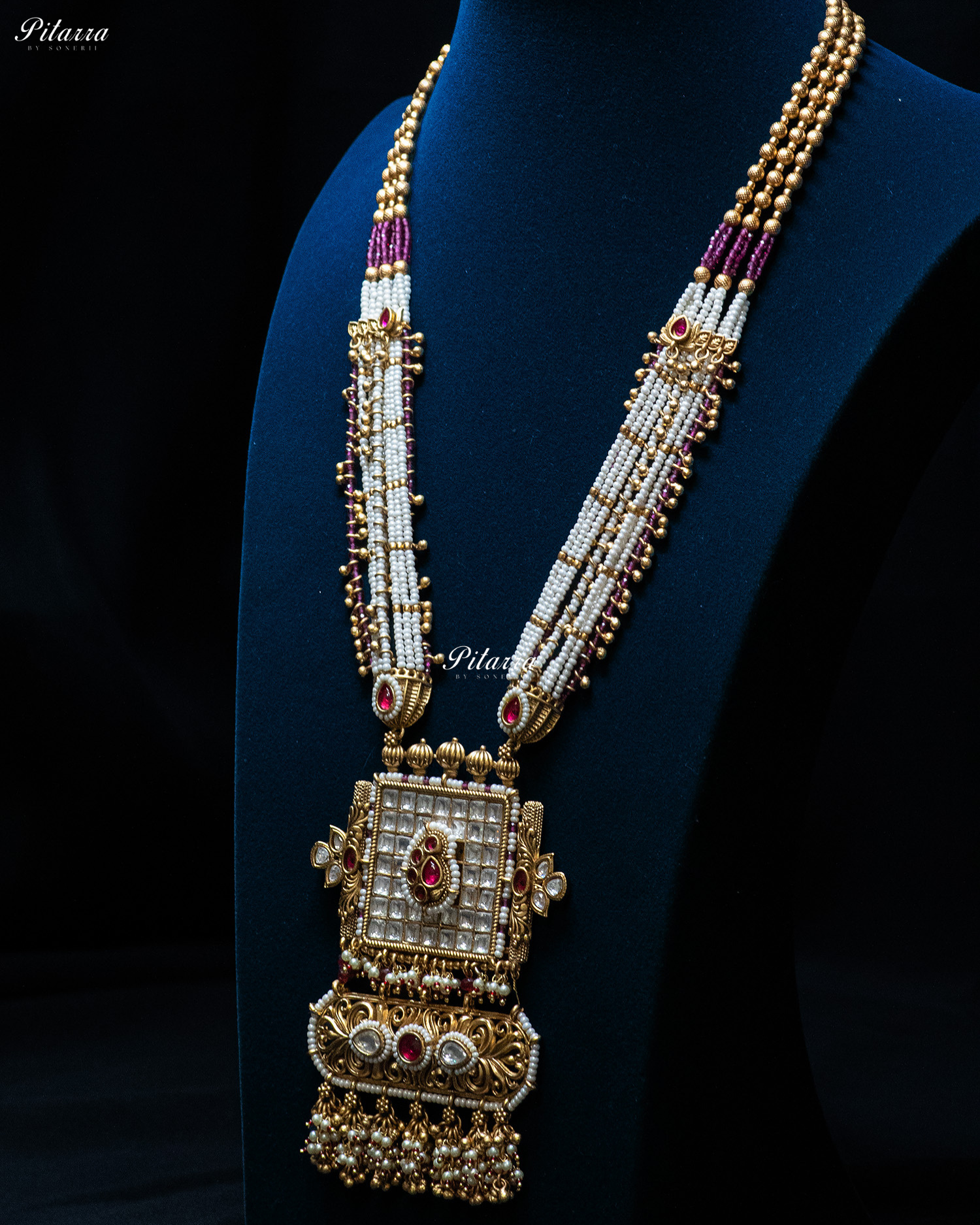 Golden Pink Stone Multi Strand Long Kundan Necklace Set