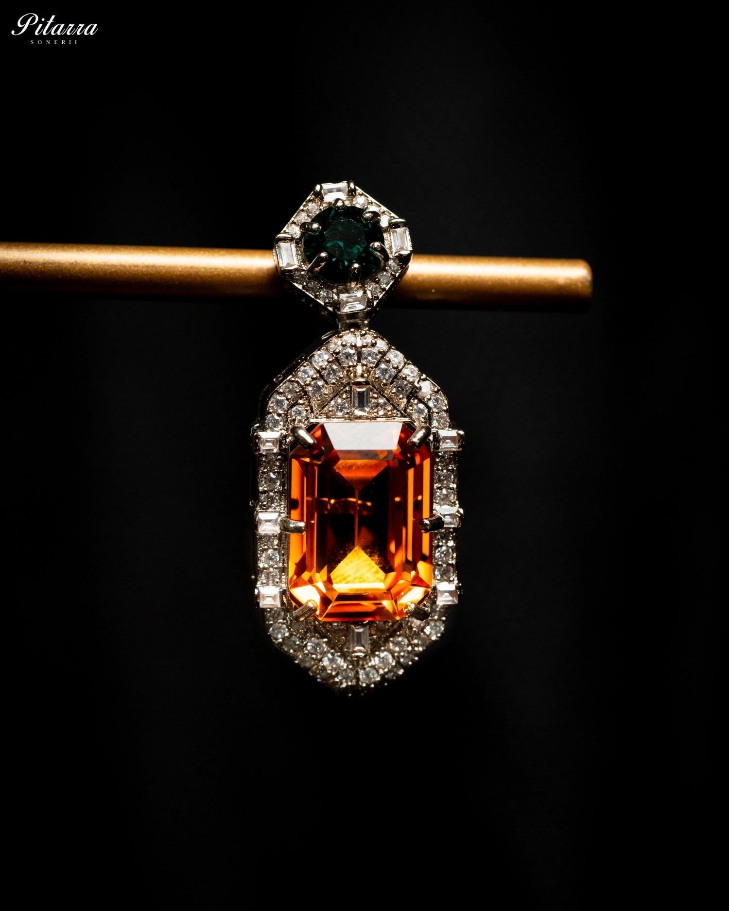 Orange Emerald Cut Diamond Halo Statement Drop Earrings