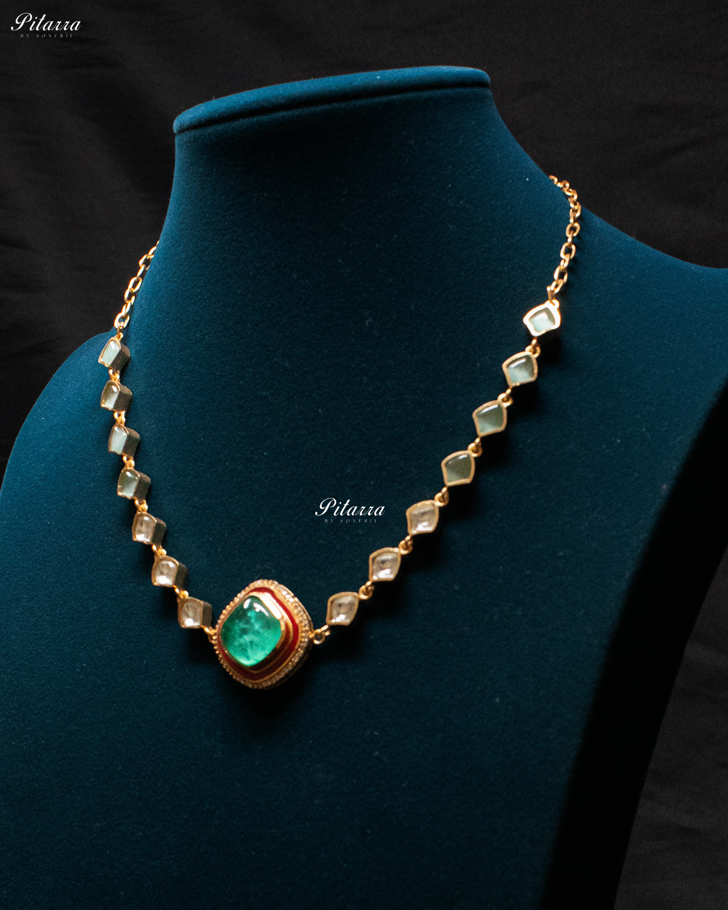Gold Plated Green Stone Detailing Kundan Necklace Set