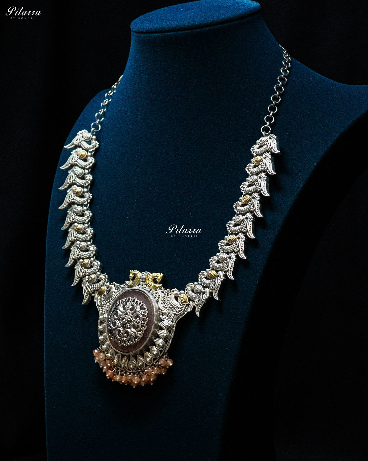 Dualtone Peacock with Peacock Chain Silver Look Alike Pendant Set