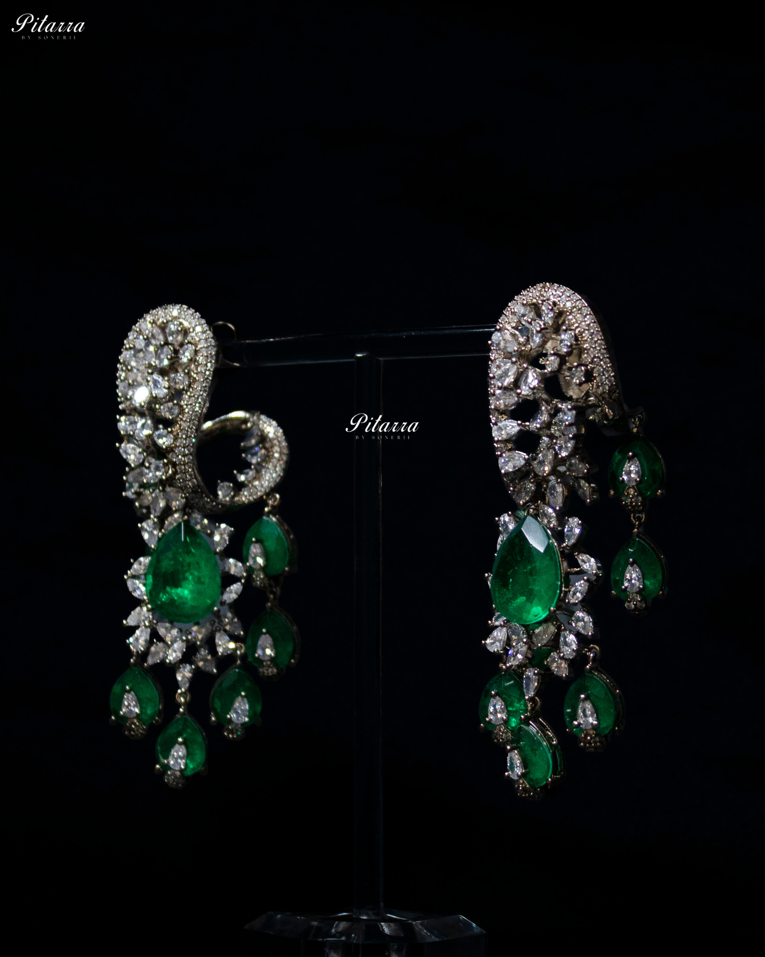 Emerald Silver Polish CZ Crystal Dangler Earrings