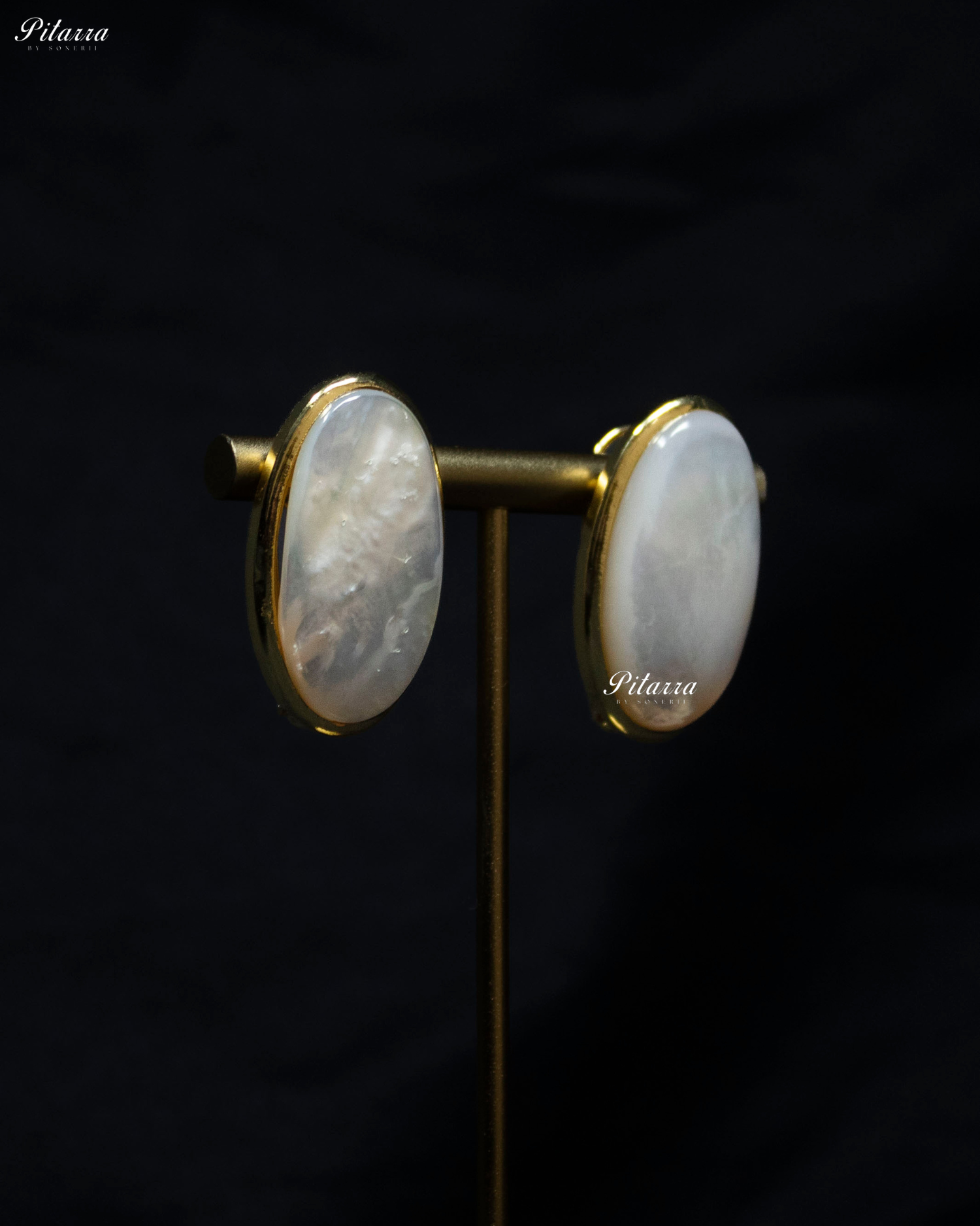 White Oval Shape Gold Tone Stud Earrings