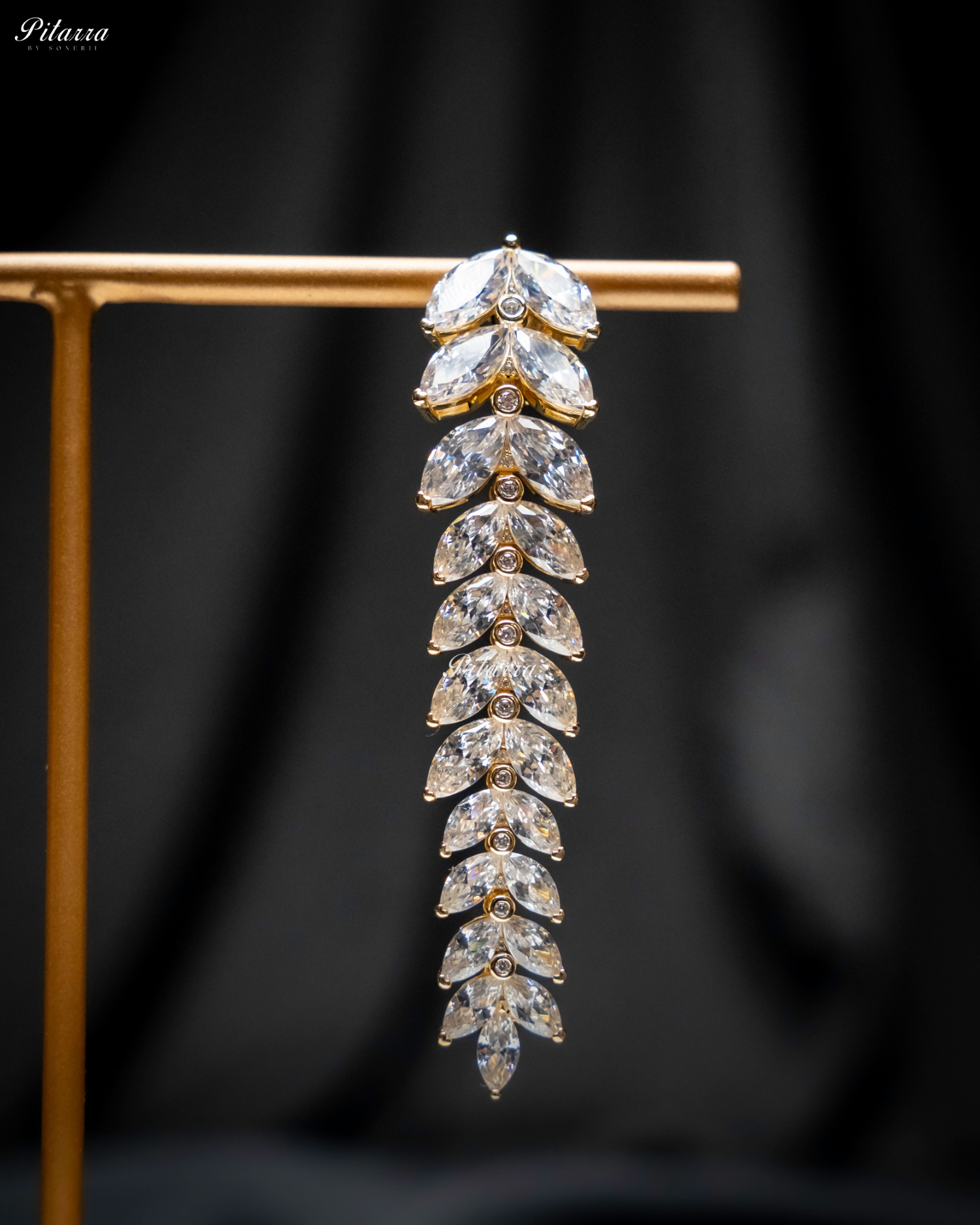 White Crystal Leaf Pattern Golden 92.5 Silver Drop Earrings