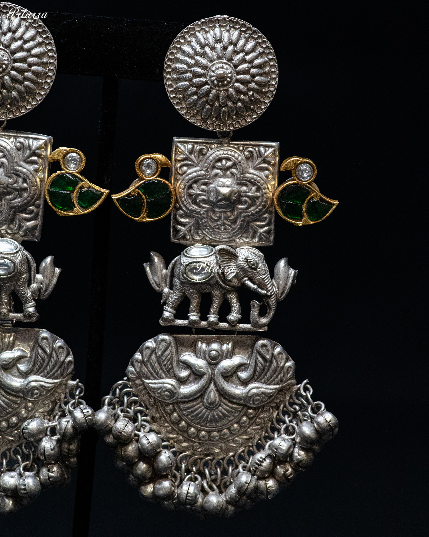 Green Leaf Elephant Motif Silver Look Alike Dangle Earrings