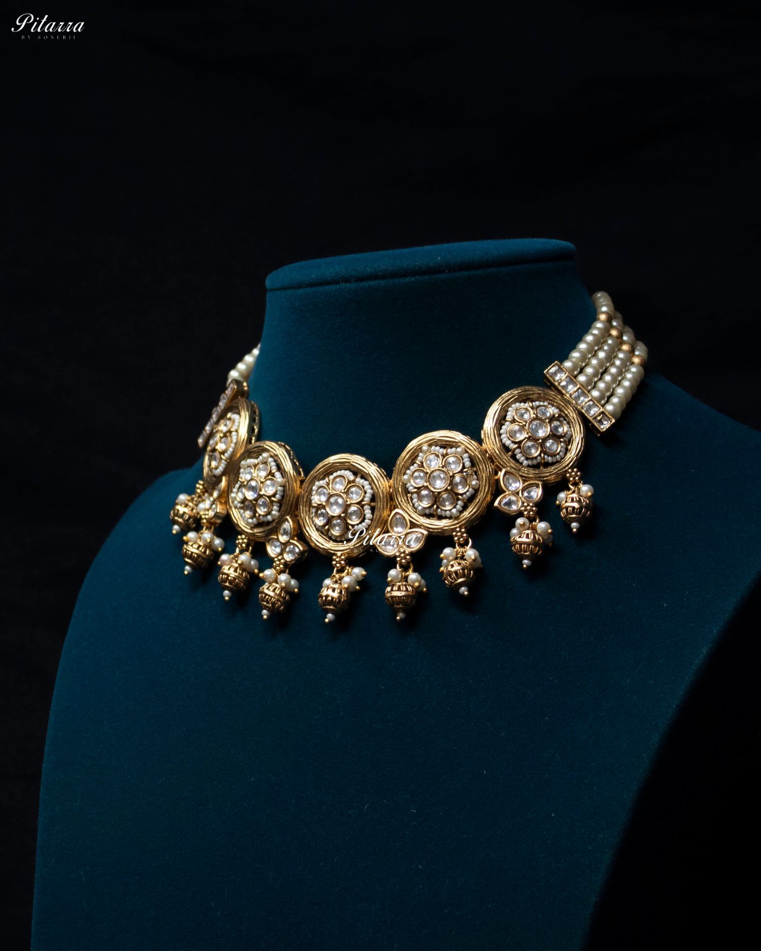 Floral White Stone White Pearl Kundan Choker Set