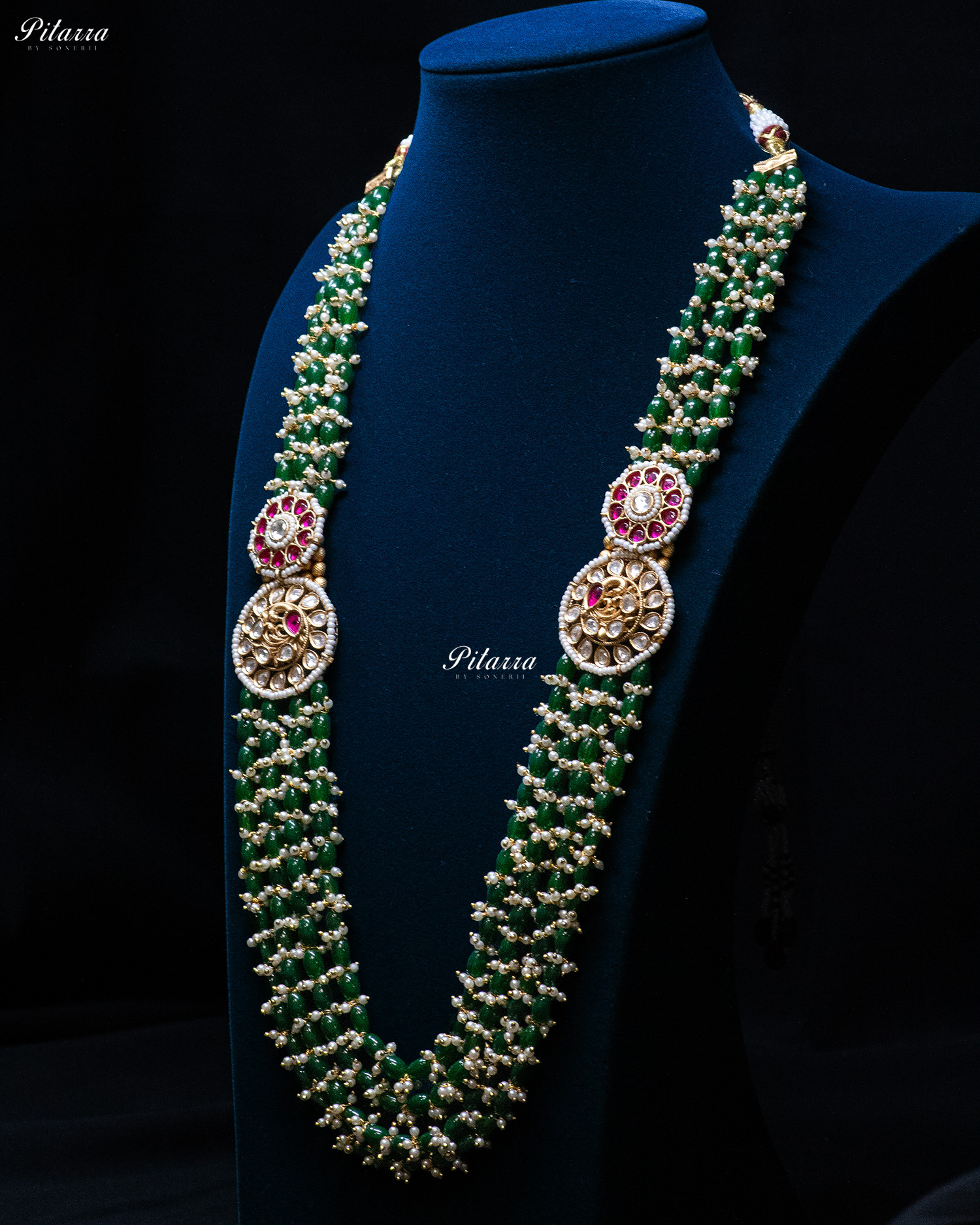 Golden Peacock Motifs Multi Strand Green Bead Necklace Set