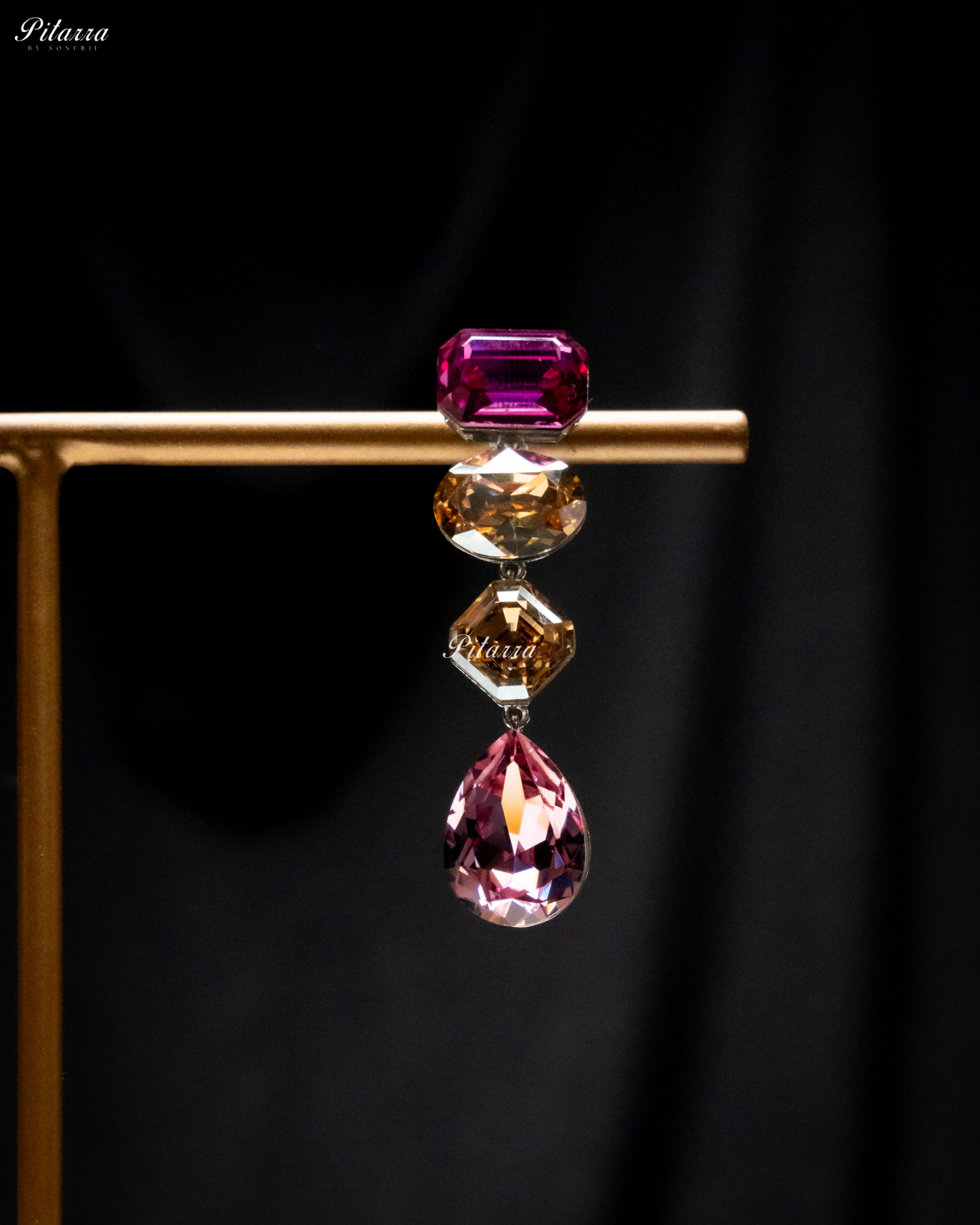 Pink Yellow Stone Studded Geometric Crystal Drop Earrings