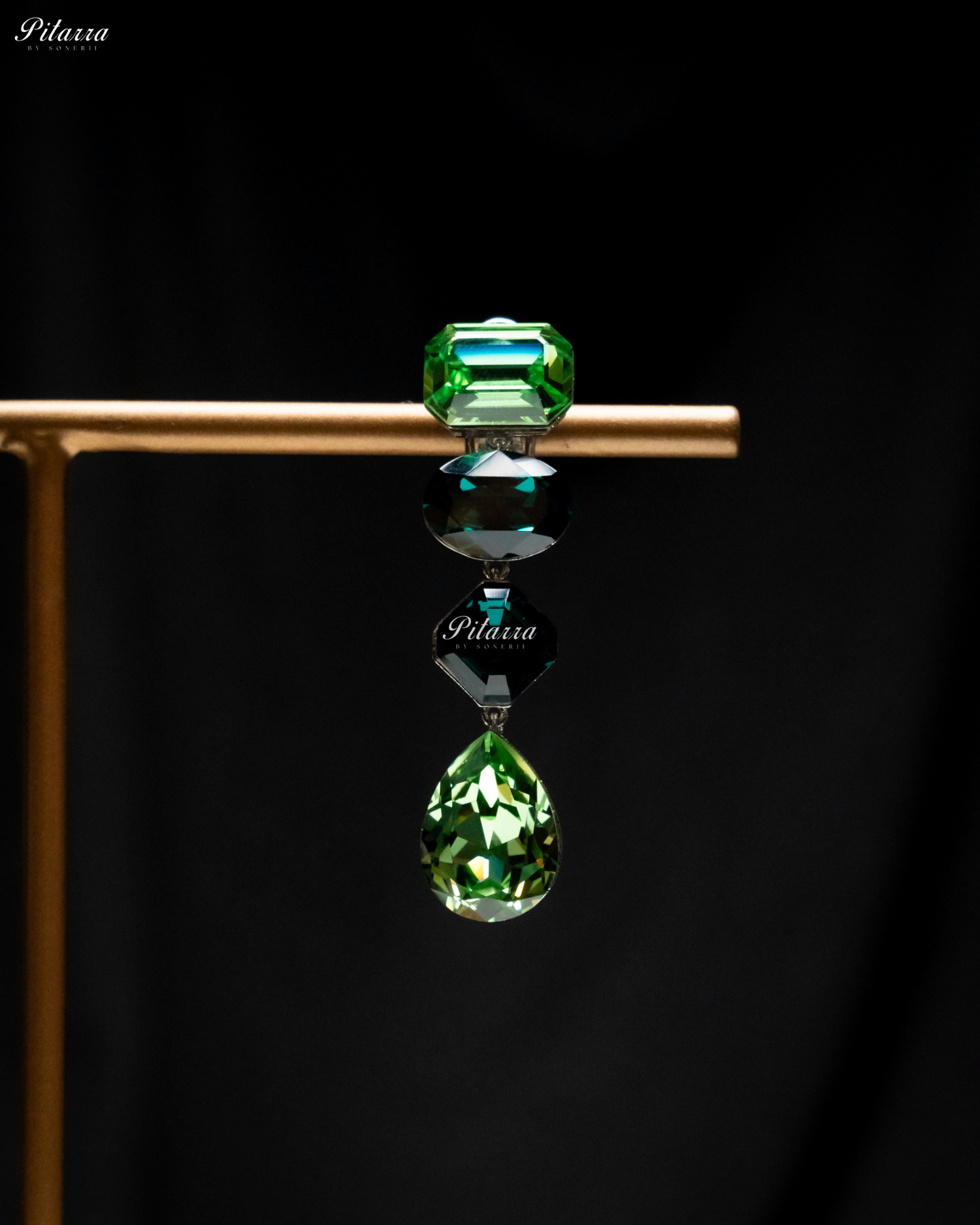 Green Emerald Stone Studded Geometric Crystal Drop Earrings