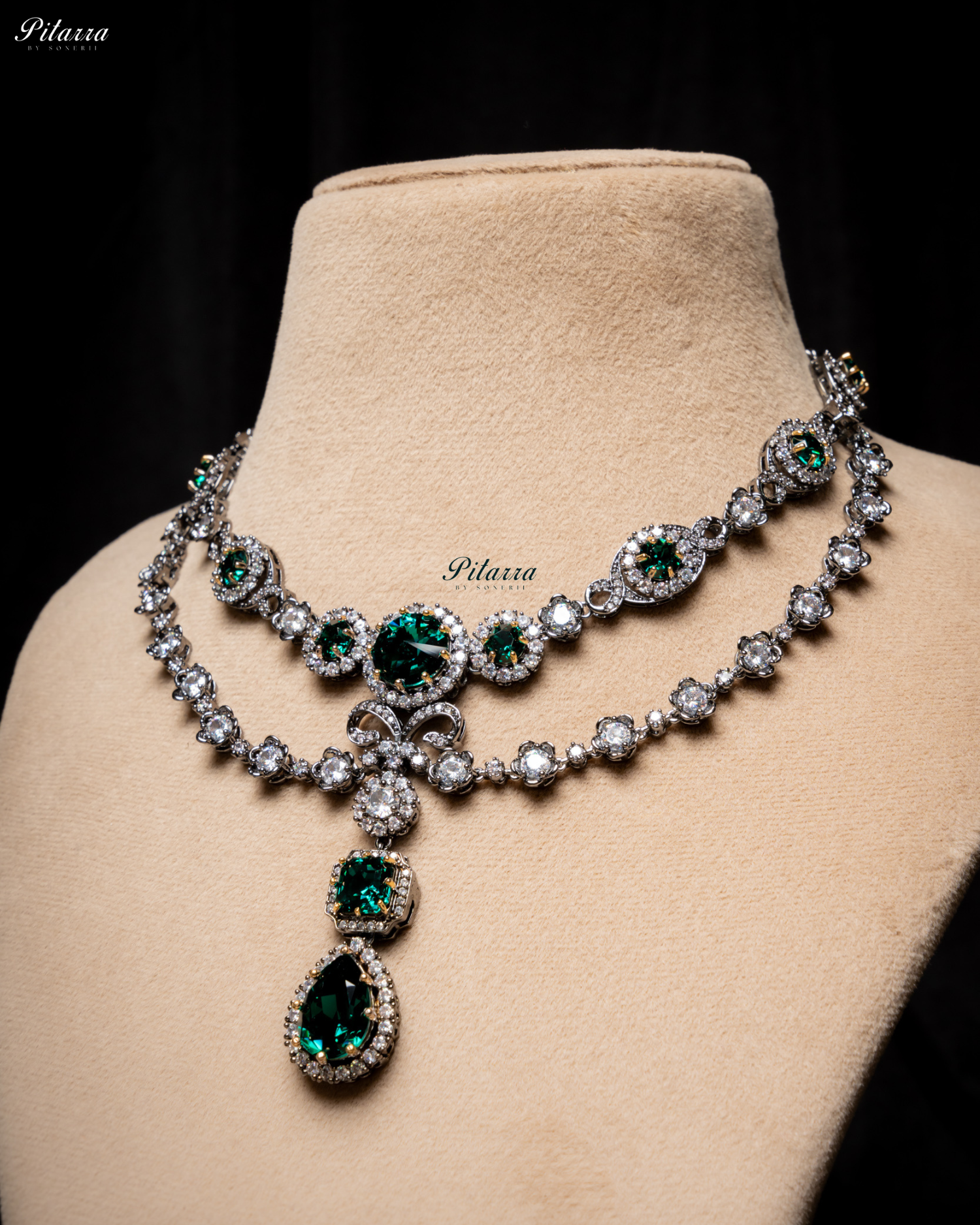 Emerald Two Layer Silver CZ victorian black polish Necklace Set
