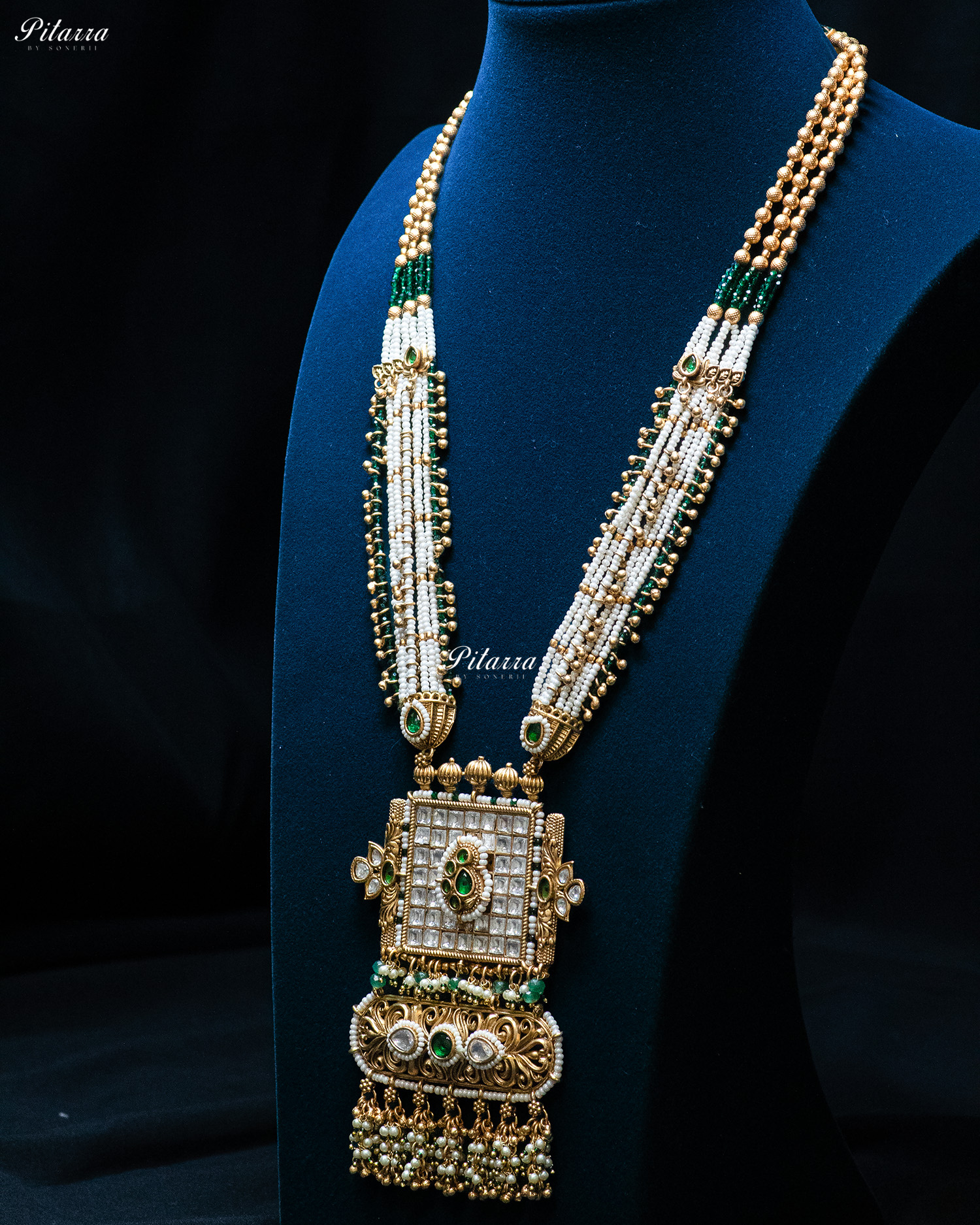 Golden Green Stone Multi Strand Long Kundan Necklace Set
