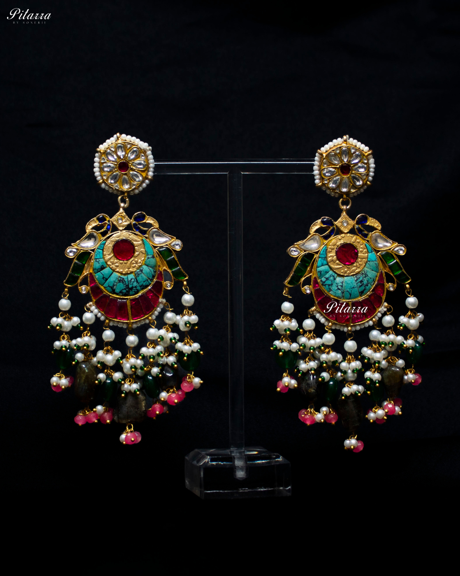 Multicolor Bird Emerald Pearls Kundan Dangle Earrings