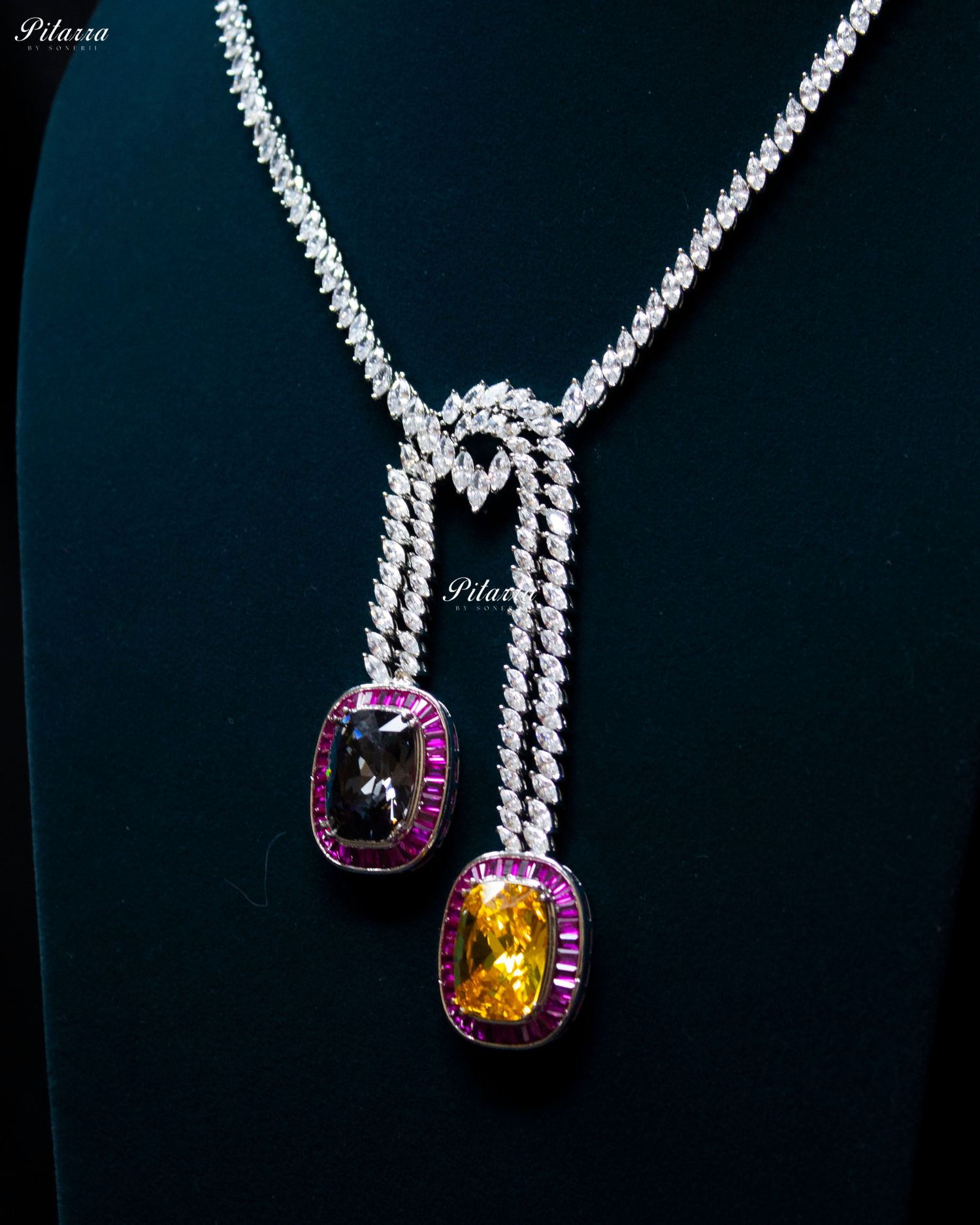 Pink Two Square Silver Line Crystal Necklace Set