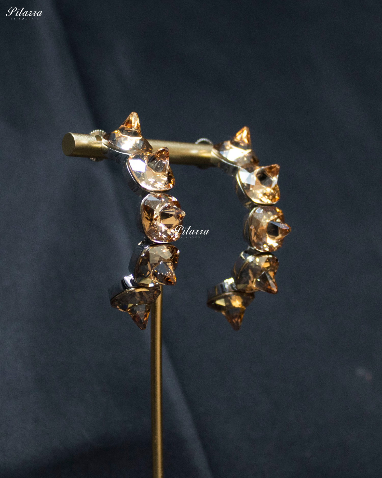 Champagne Color Stone Pyramid Cut Crystal Hoop Earrings