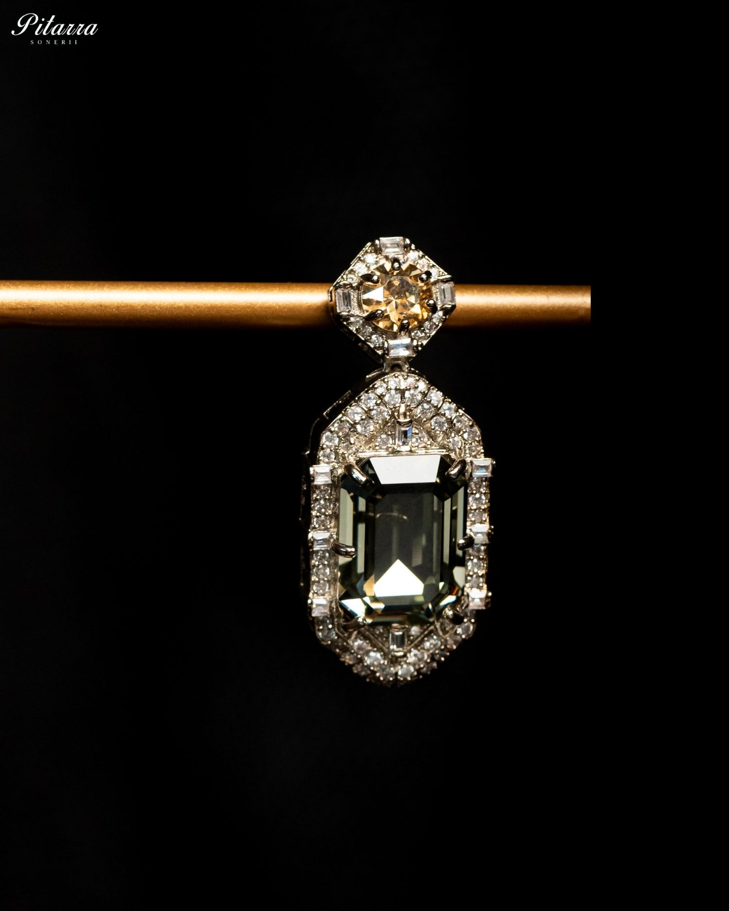 Smoky Green Emerald Cut Diamond Halo Drop Earrings